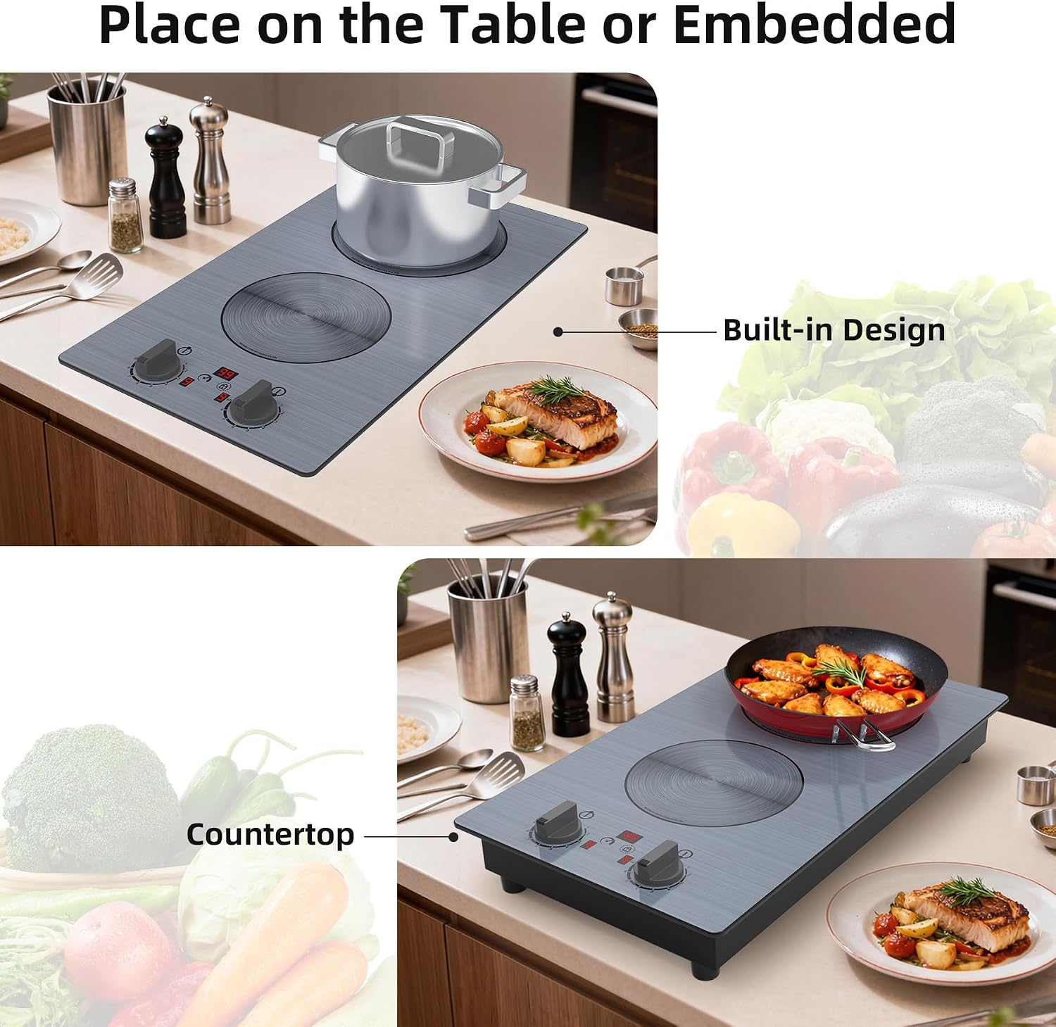 GlHETKUT Induction Cooktop,110V 2300W double burner hot plate with LED Touch Screen,9 Power Levels,Kids Lock & Timer,knob and touch control 2 burner induction cooktop