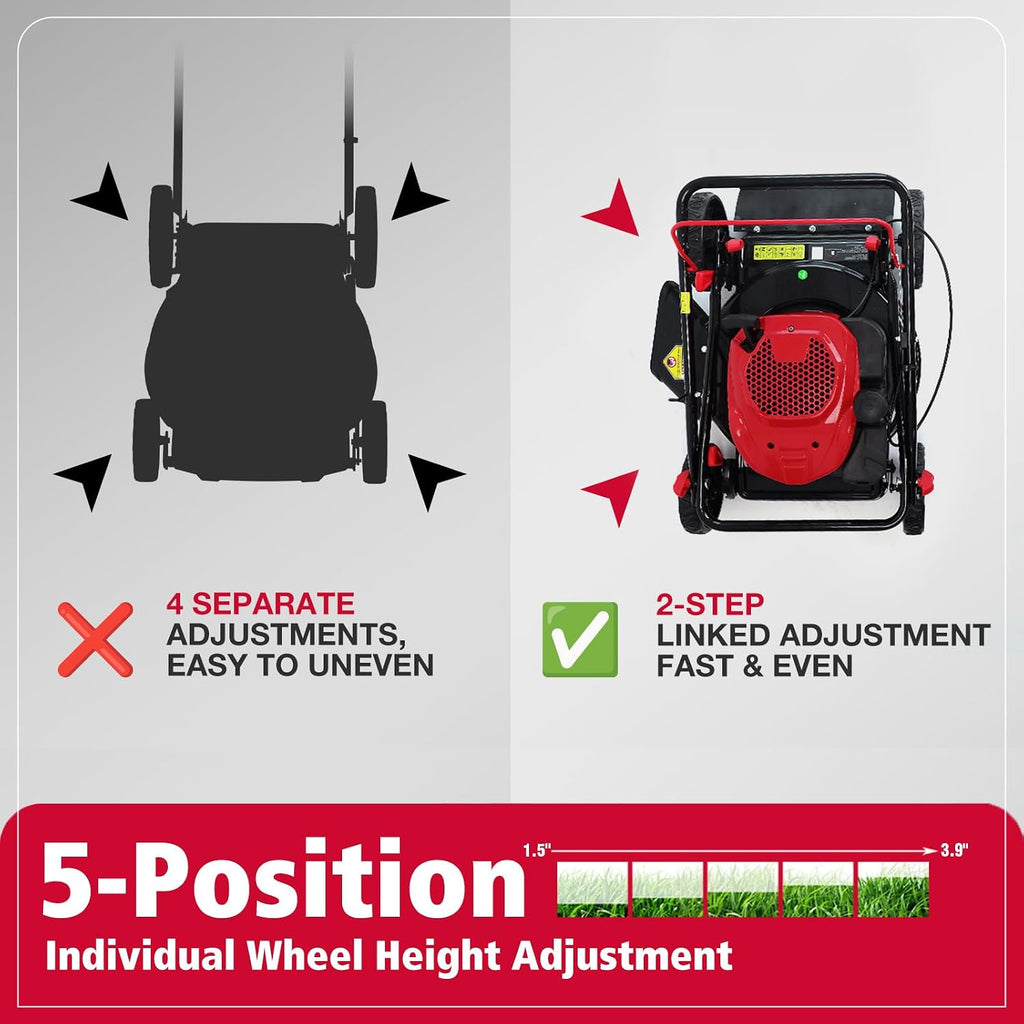 PowerSmart 18' 144CC Gas Lawn Mower, 5-Position Height Adjustment, Metal Deck, Foldable Design, Up to 1/4 Acre