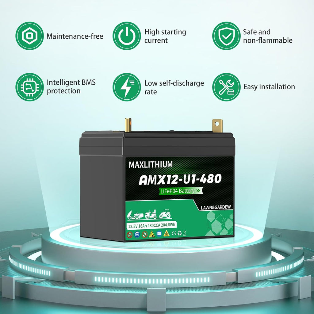 480CCA Group U1 Lithium LiFePO4 Lawn Mower Battery - 12.8V 16Ah with Power Indicator Compatible for Ride on Lawn Tractor, Fits for Craftsman, Cub Cadet, Troy-Bilt & Generators