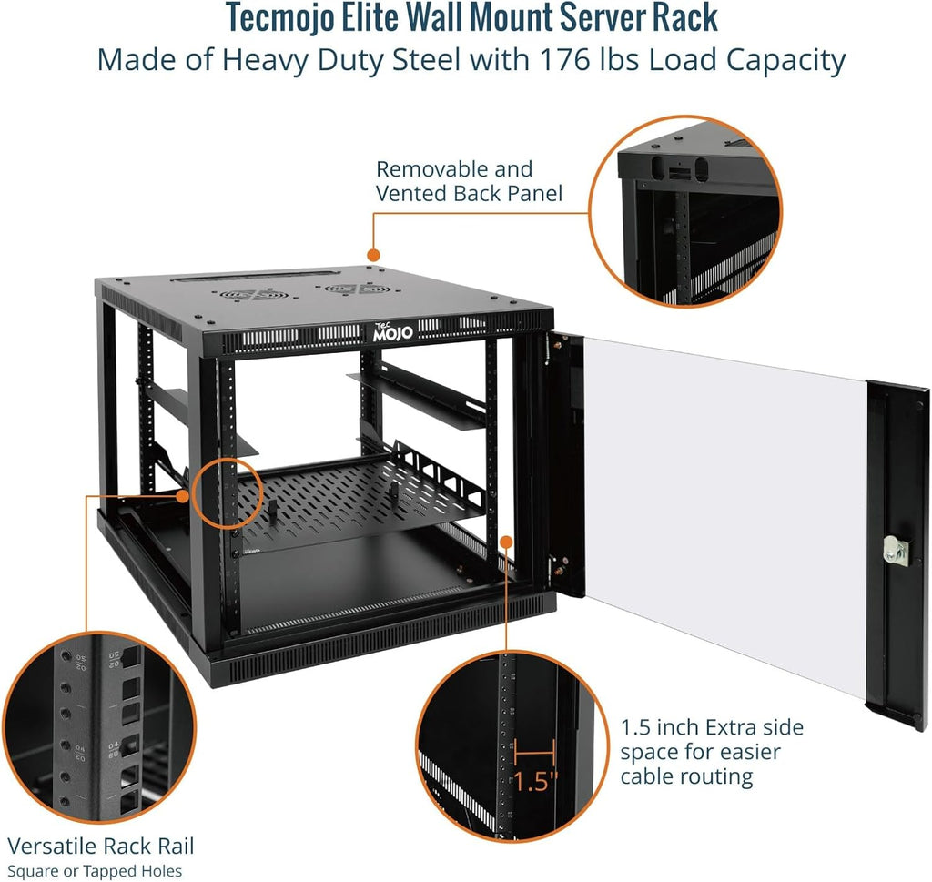 Tecmojo 9U Wall Mount Rack Cabinet, Heavy-Duty 176 Lbs High Load Capacity, 19' Enclosed Server Network Rack with Glass Door, 17.7' Deep – Elite Collection