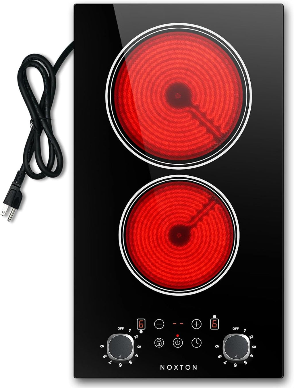 Noxton 2 Burners Electric Cooktop, 12 Inch 110V Radiant Ceramic Stove with Knob & Touch Control, 2000W Built-in or Countertop Electric Hot Plate, Timer, Child Lock, Residual Heat Indicator(SY)