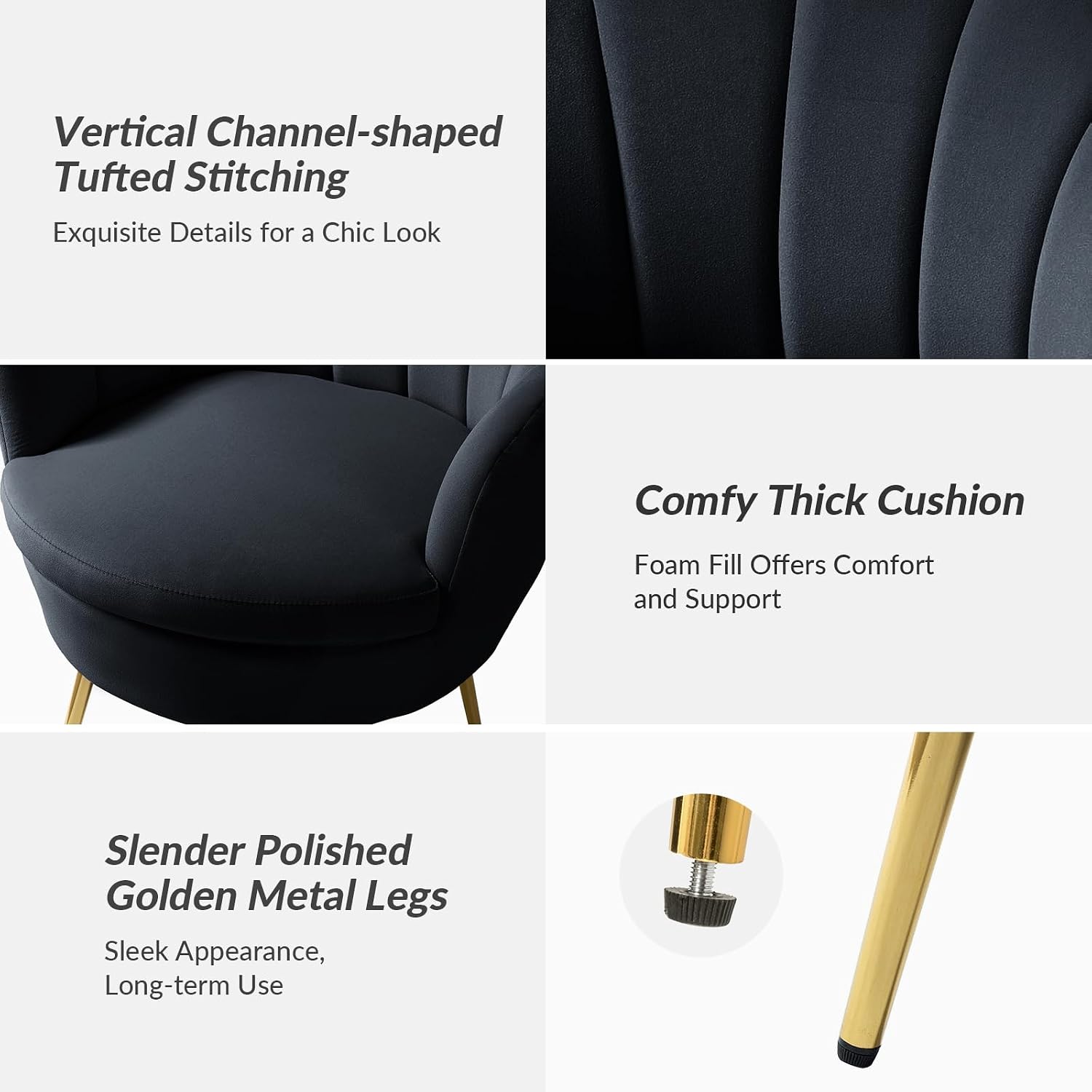 HULALA HOME Modern Velvet Accent Chairs Set of 2 with Shell Shaped Back, Cute Living Room Bedroom Armchairs with Gold Legs, Comfy Upholstered Vanity Chairs for Makeup Room, Black