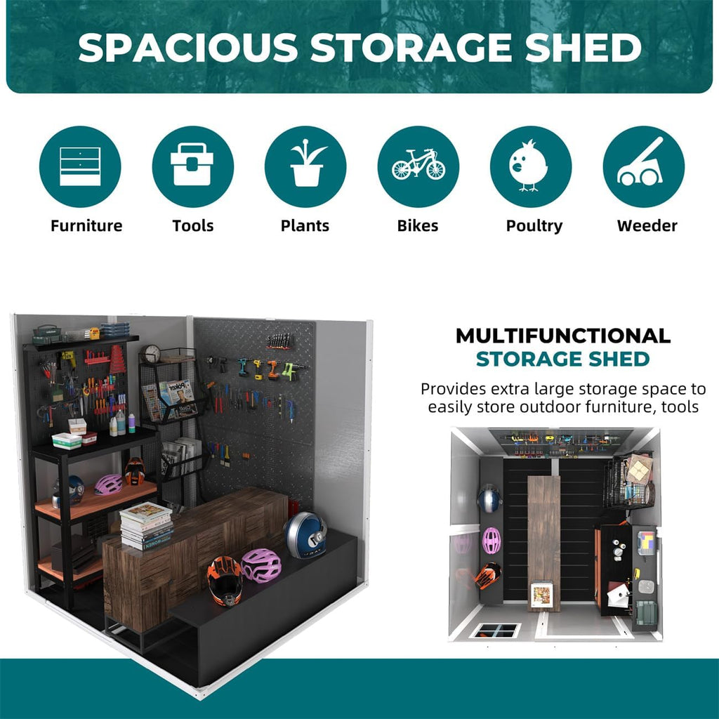 6 x 6 FT Storage Shed, Waterproof Resin Outdoor Storage Shed with Floor & Window & Lockable Doors and Vents, Tool Shed for Bike, Garden, Backyard, Lawn, All Weather Use, Light Grey