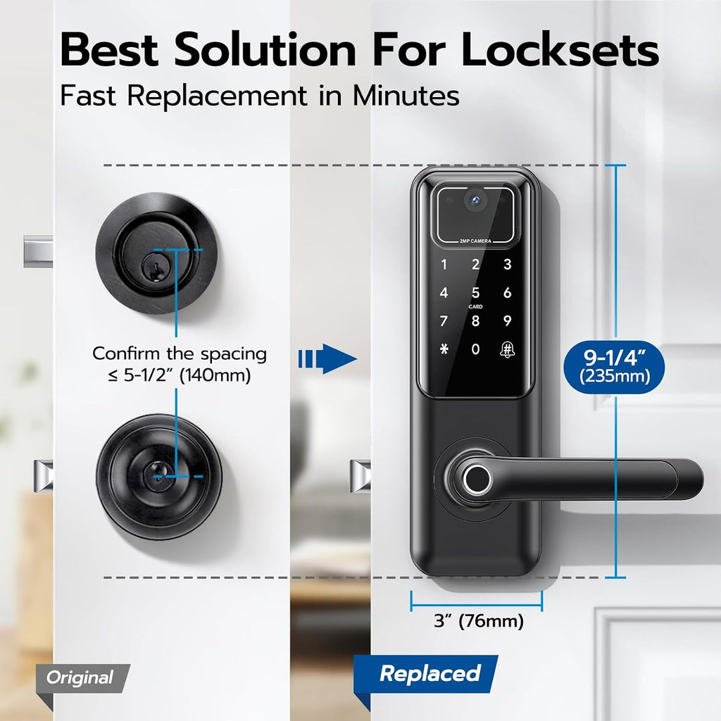 WiFi Video Smart Door Lock with Camera & Doorbell, Keyless Entry Fingerprint Lock with Handle for Front Door, Nyboer Keypad Electronic Digital with Rechargeable Lithium Battery, Easy Installation