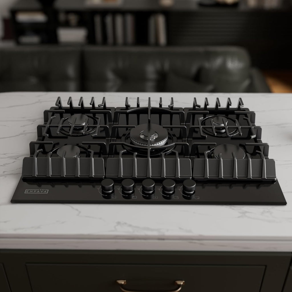Empava 30' Gas Stove Top Cooktop 5 Italy Sabaf Sealed Burners NG/LPG Convertible in Black Tempered Glass