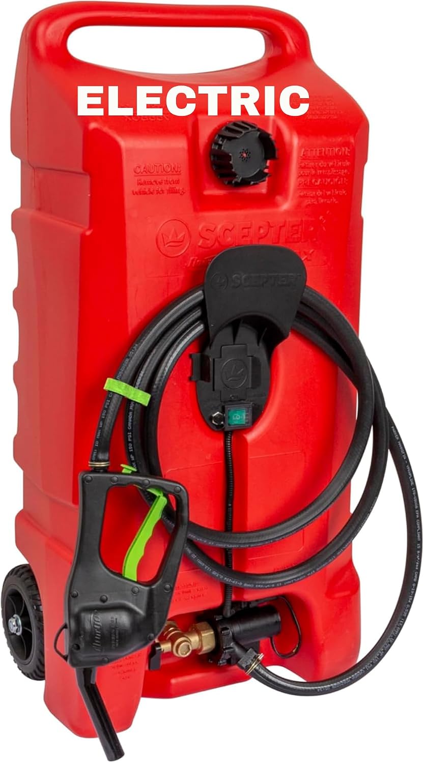 Scepter 14 Gallon Gas Caddy with Electric Fuel Pump, Flo 'N Go Powered Portable Fuel Tank with Fill-Rite Transfer Pump and 10-Foot Hose for Farm, Marine, Commercial, and Home Use, Red