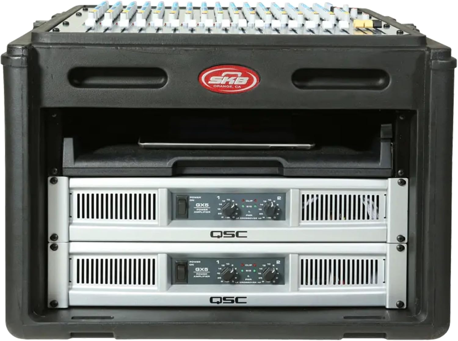 SKB Roto Rack/Mixer Console, 10U Slanted Rackmount on top, 6U Rackmount in Front with Steel Threaded Rails, Hard Lid and Doors and Side Access Ports