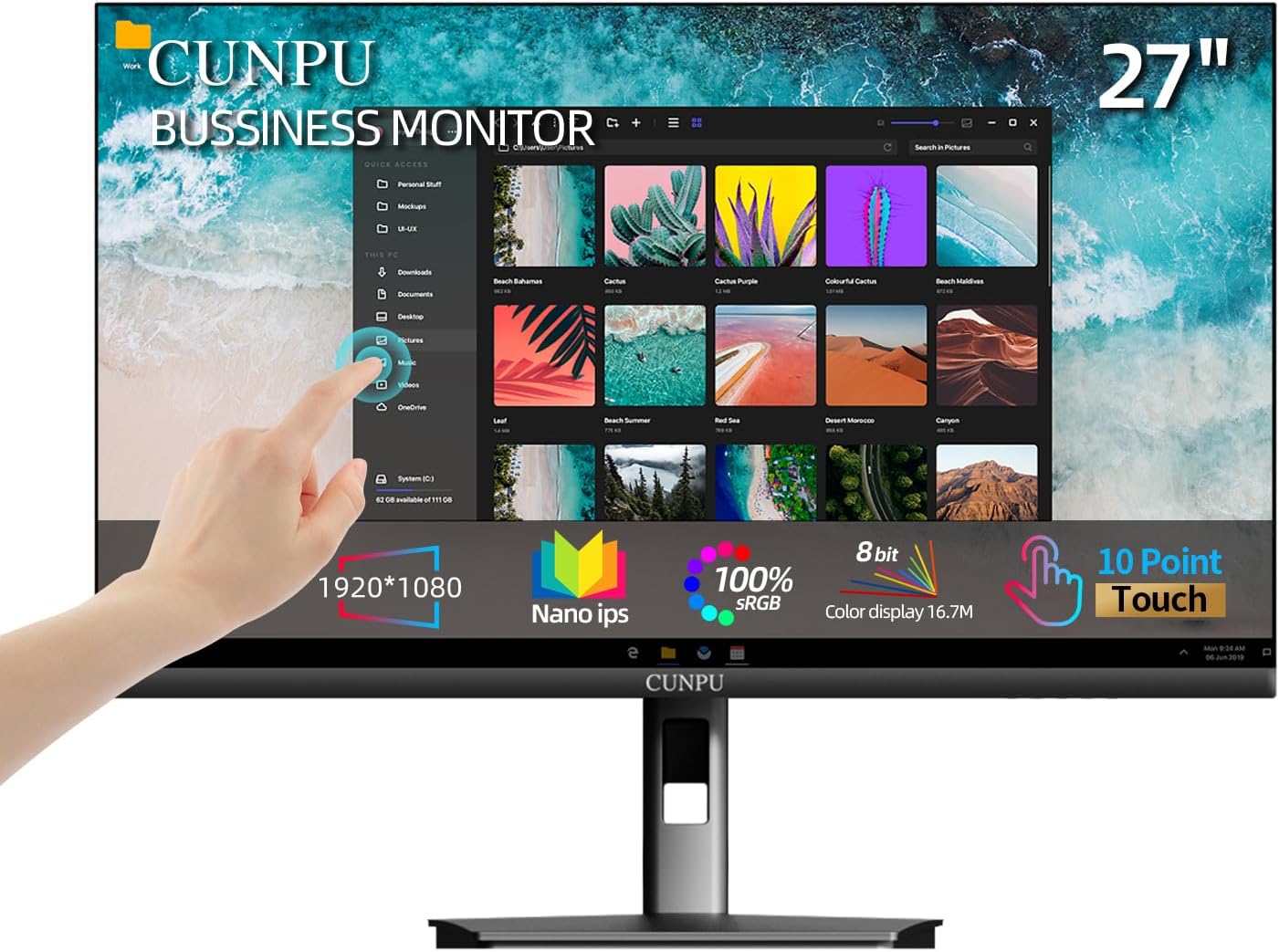 CUNPU 27 Inch Touchscreen Monitor, 10 Point Touch, FHD 1080P 60Hz Nano IPS Screen, 100% SRGB, VESA Wall Mountable, Tilt Adjustment, VGA HDMI for PC, Laptop Business & Work Station