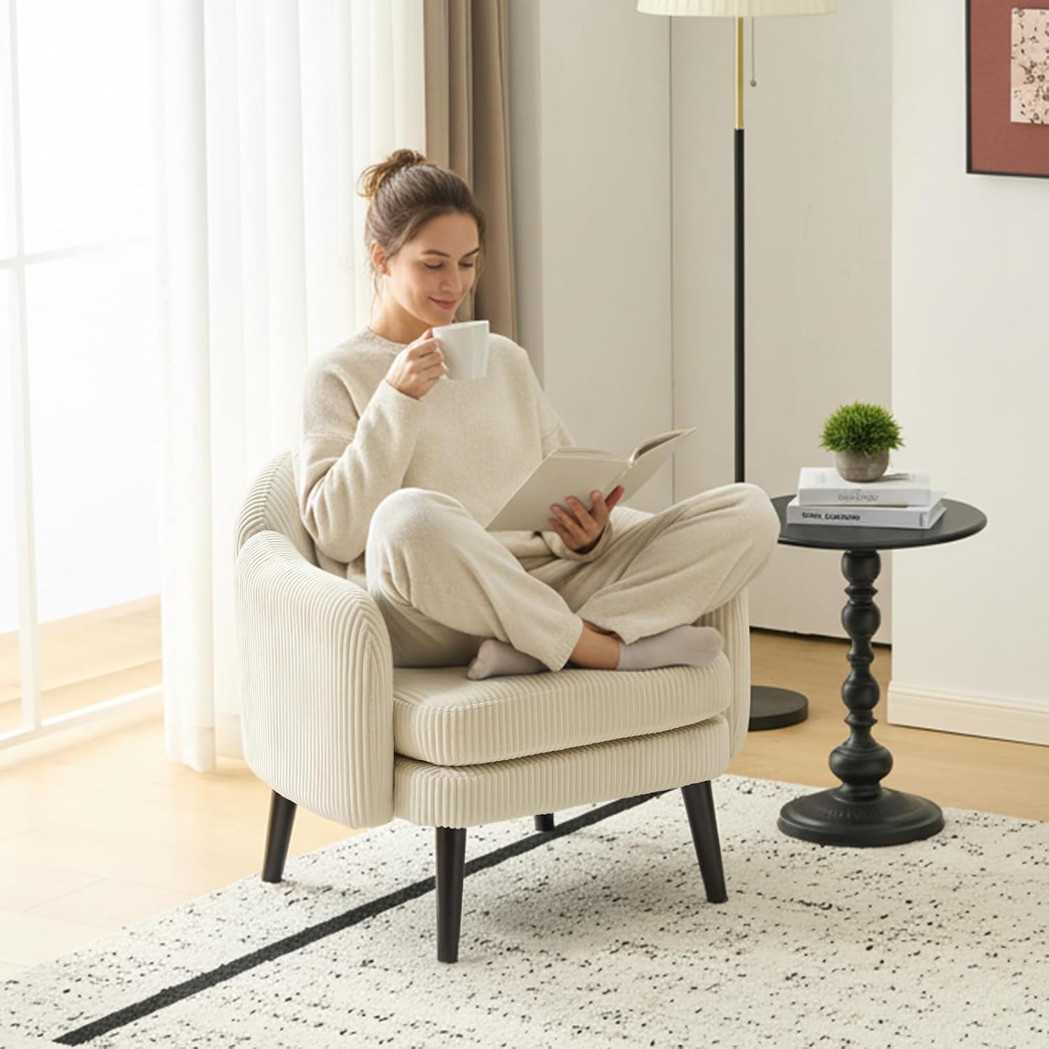 VINGLI 30.3' Wide Modern Barrel Accent Armchair with Track Armrest, Solid Wooden Legs, Comfy Upholstered Club Chair, Round Single Home Sofa for Living Room, Bedroom, Reading Room, Corduroy Beige
