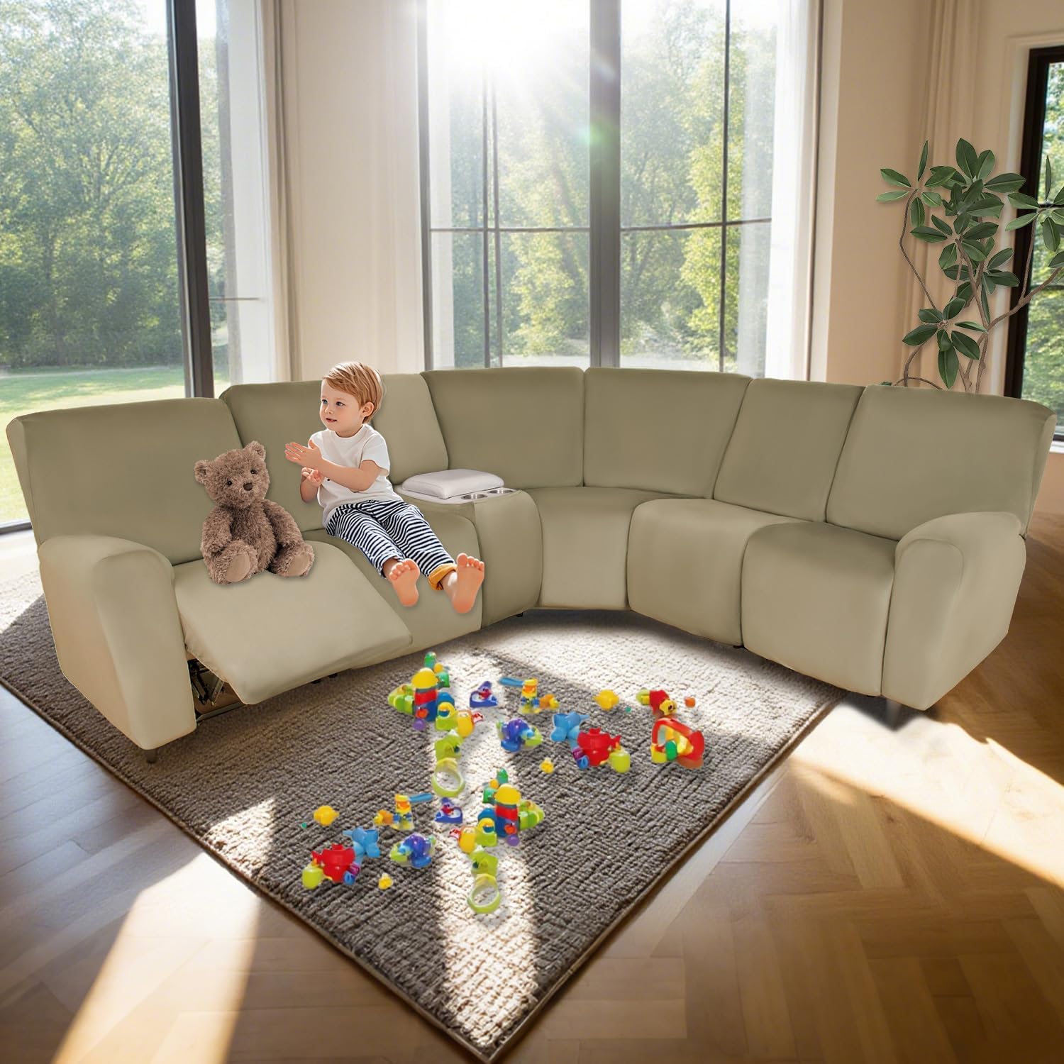 HDCAXKJ Reclining Sectional Couch Covers Velvet L Shaped Sectional Sofa Cover Washable Stretch Soft Corner Recliner Slipcover with Non-Slip Elastic Bottom (5 Seat and 2 Middle Console, Brown Khaki)