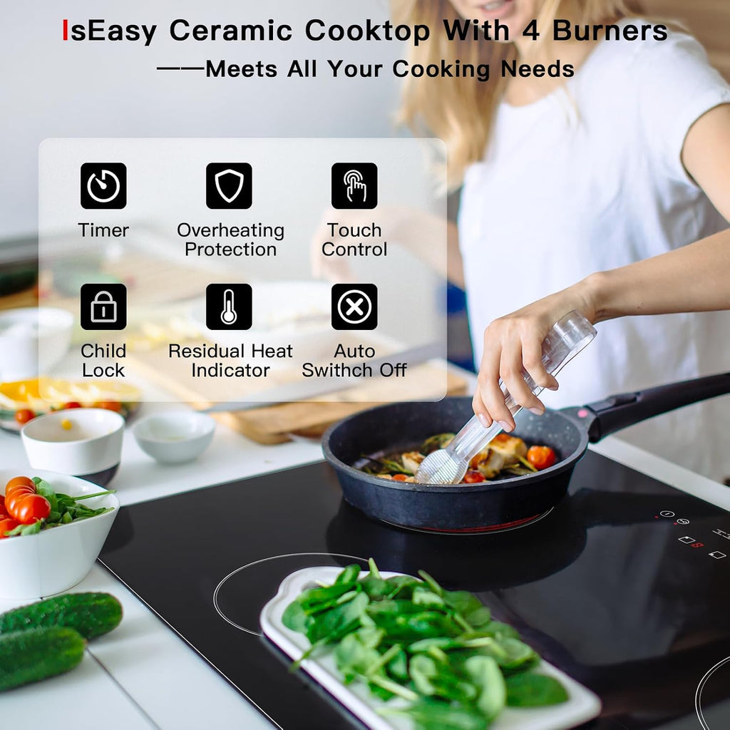 Electric Cooktop 30 inch Ceramic Stove 4 Burners 6700W Built-in Stove Top Electric Hot Plate Satin Glass cooktop in Black Touch Sensor Control/Timer/Child Safety Lock/9 Power Levelsr/220-240V
