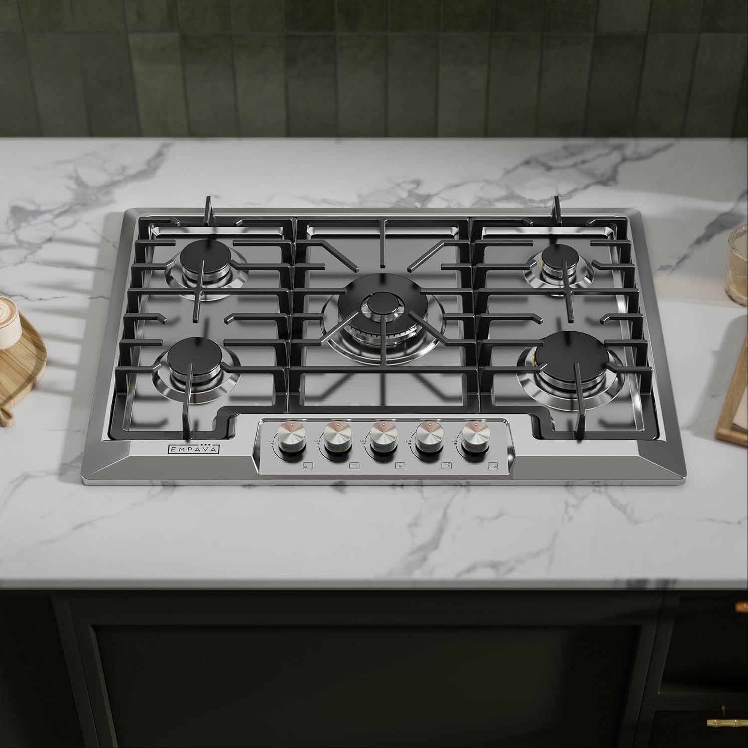 Empava 30 Inch Built-in Gas Cooktop with 5 Sealed SABAF Burners, Stainless Steel Surface, LPG/NG Convertible, Flame Failure Protection, Dishwasher Safe Grates
