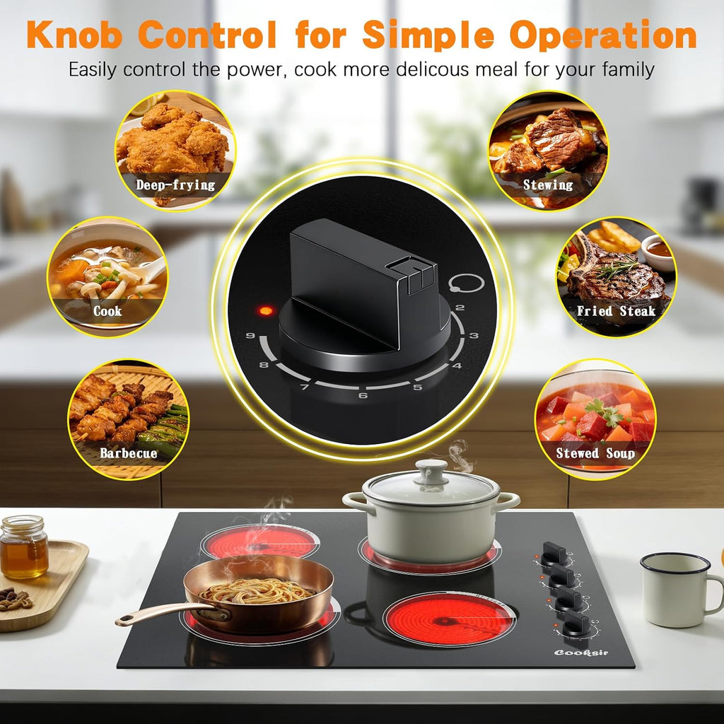 Electric Cooktop 24 Inch - 4 Burner Built-in Electric Stove Top 6000W, Radiant Electrical Stovetop with 9 Heating Level, Knob Control, Auto Shut Off Protection, 220-240V Hard Wired (No Plug)