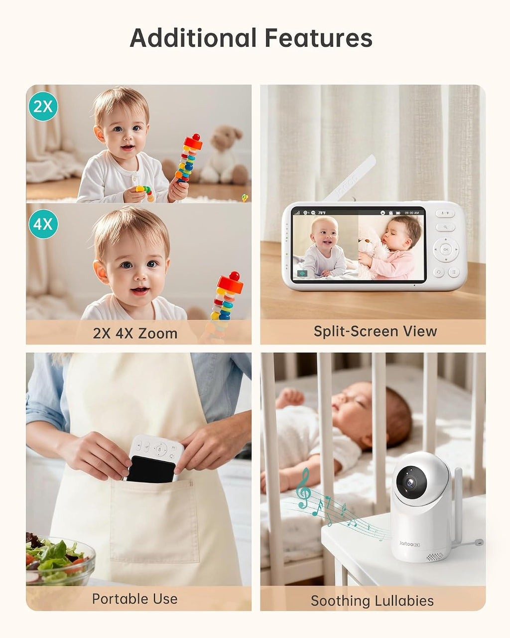 Jartoo 2K 5.5' Video Baby Monitor with Camera and Audio,AI Cry Detect 1860ft Long Range Baby Monitor No WiFi Baby Camera Wireless,Clear Night Vision,ANC, 2-Way Talk,White Noise,6000mAh [2025 New]