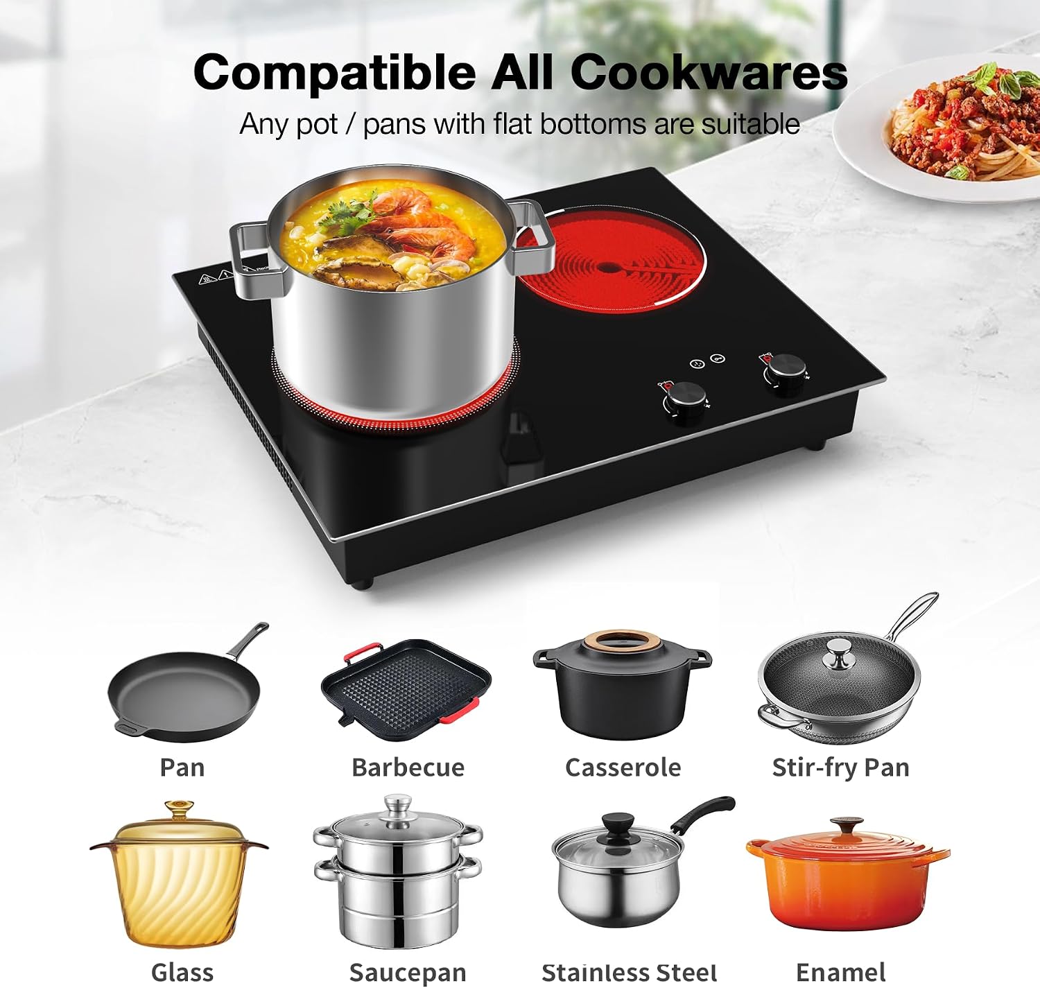 GIHETKUT Electric Cooktop,1110V 2100W 2 Burner stove,Built-in & Countertop Stove Top with10 Heating Level, Timer & Kid Safety Lock, LED Knob Touch Control 2 Burner Electric Cooktop