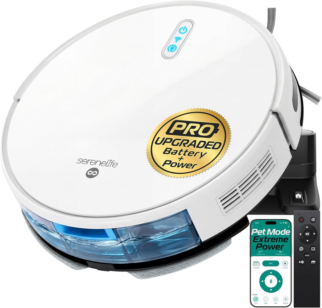 SereneLife Automatic Robot Vacuum Cleaner and Mop Combo, Pro Edition with Upgraded Battery, Extreme Suction, Internal Water Tank - Smart App Control, Ideal for Pet Hair, Carpet and Hard Floors, White