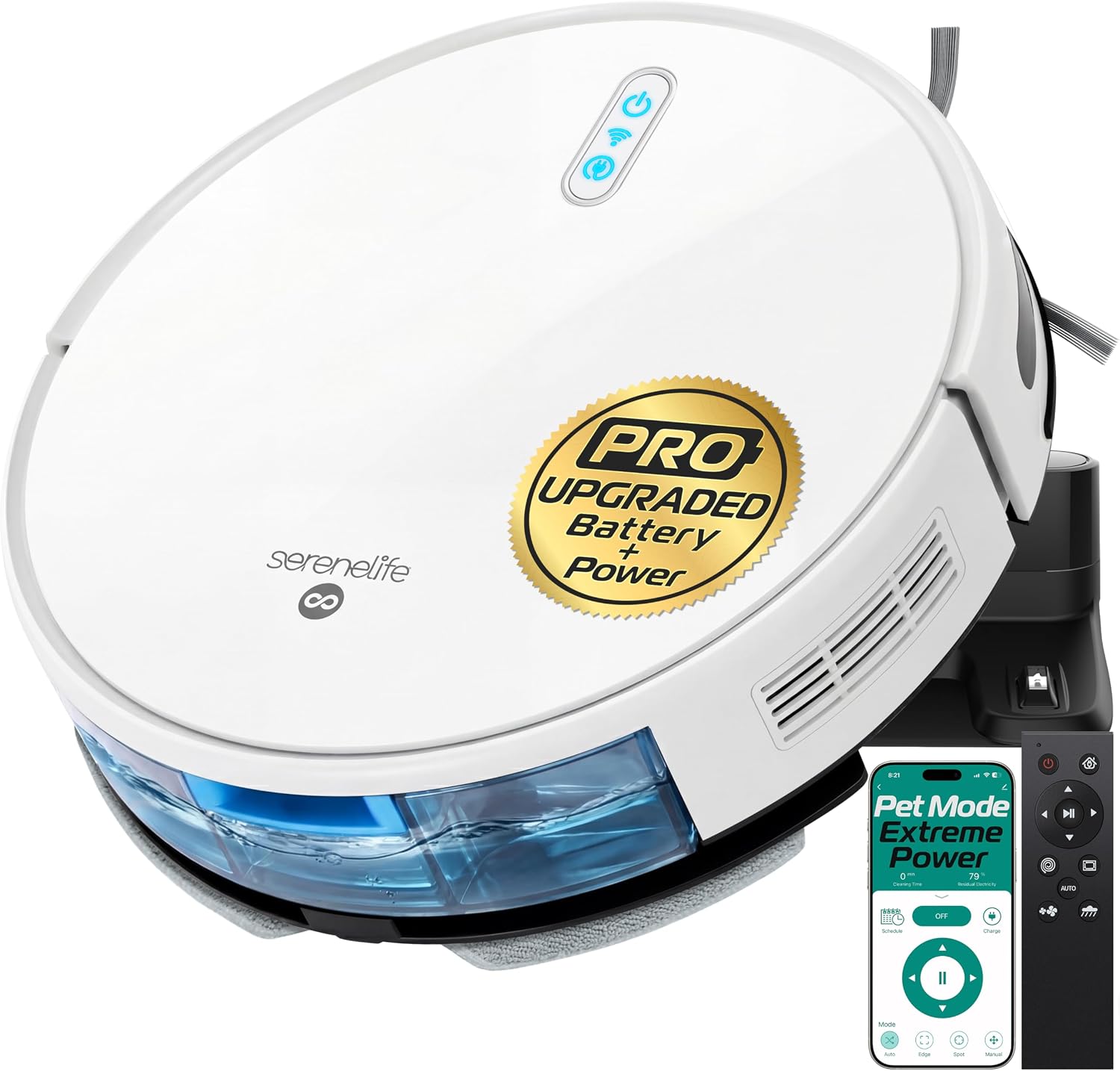 SereneLife Automatic Robot Vacuum Cleaner and Mop Combo, Pro Edition with Upgraded Battery, Extreme Suction, Internal Water Tank - Smart App Control, Ideal for Pet Hair, Carpet and Hard Floors, White