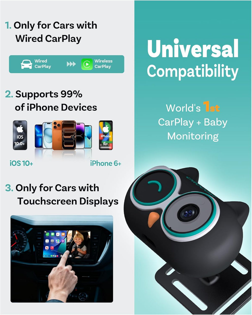 OTTOCAST Baby Car Camera Displaying on Car Screen,1080P Clear No-Glow Night Vision,Split-Screen Navigation,150°Wide Angle,Car Baby Monitor with Built-in Wireless CarPlay Cabin Care Car Adapter 2026