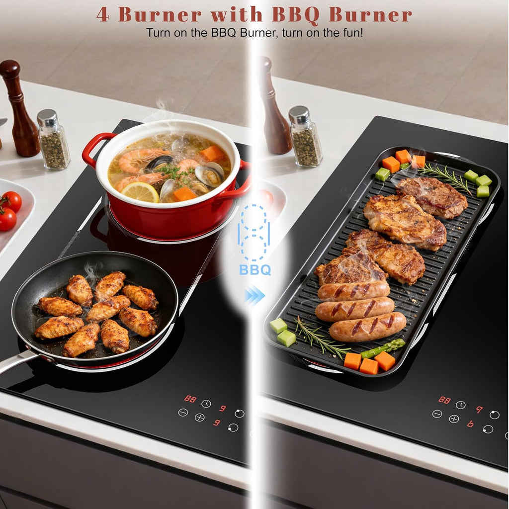 24 Inch Electric Cooktop Built-in, 4 Burner Electric Stove with 6900W Total High Power, 24' Ceramic Cooktop with BBQ Burner, Touch Control, Child Safety Lock, 220V-240V Hard Wire, No Plug