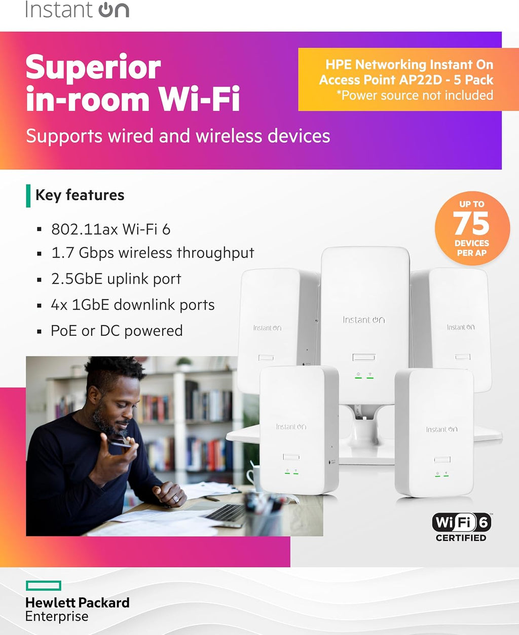 HPE Networking Instant On Access Point AP22D 2x2 WiFi 6 Indoor Wireless Access Point (5 Pack) | Single-Room, Secure, Smart Mesh Support | Power Source Not Included | US Model (S1U75A-5PACK)