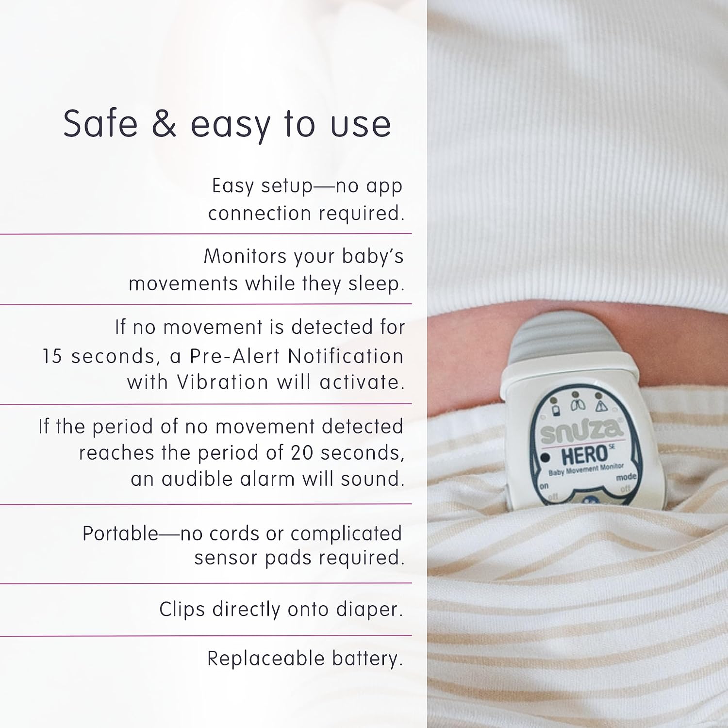 Snuza Hero Baby Movement Monitor with Patented Sensor Technology for Reliable Movement Monitoring and Alerts. No WiFi, Cords, or Sensor Pads, Portable and Easy to Set Up and Use.