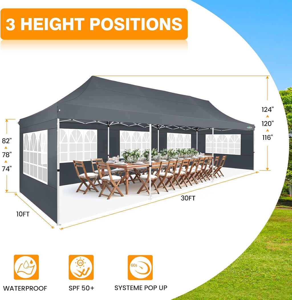COBIZI 10x30 Pop up Canopy with 8 Removable Sidewalls & 4 Sandbags, Party Tent for Parties, Wedding, and Commercials, Waterproof and Instant Shelter UV50+ Ez Outdoor Canopy Tent with Roller Bag