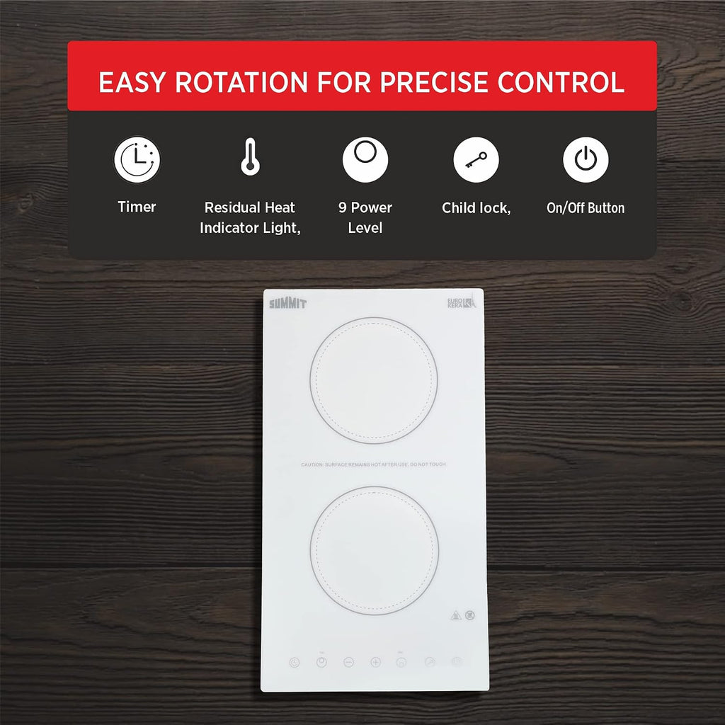 Summit Appliance CR2B15T2WTK15 115V 2-Burner Radiant Cooktop in White Ceramic Glass Surface with Digital Touch Controls & Stainless Steel Frame to Allow Installation in 15' Wide Counter Cutouts