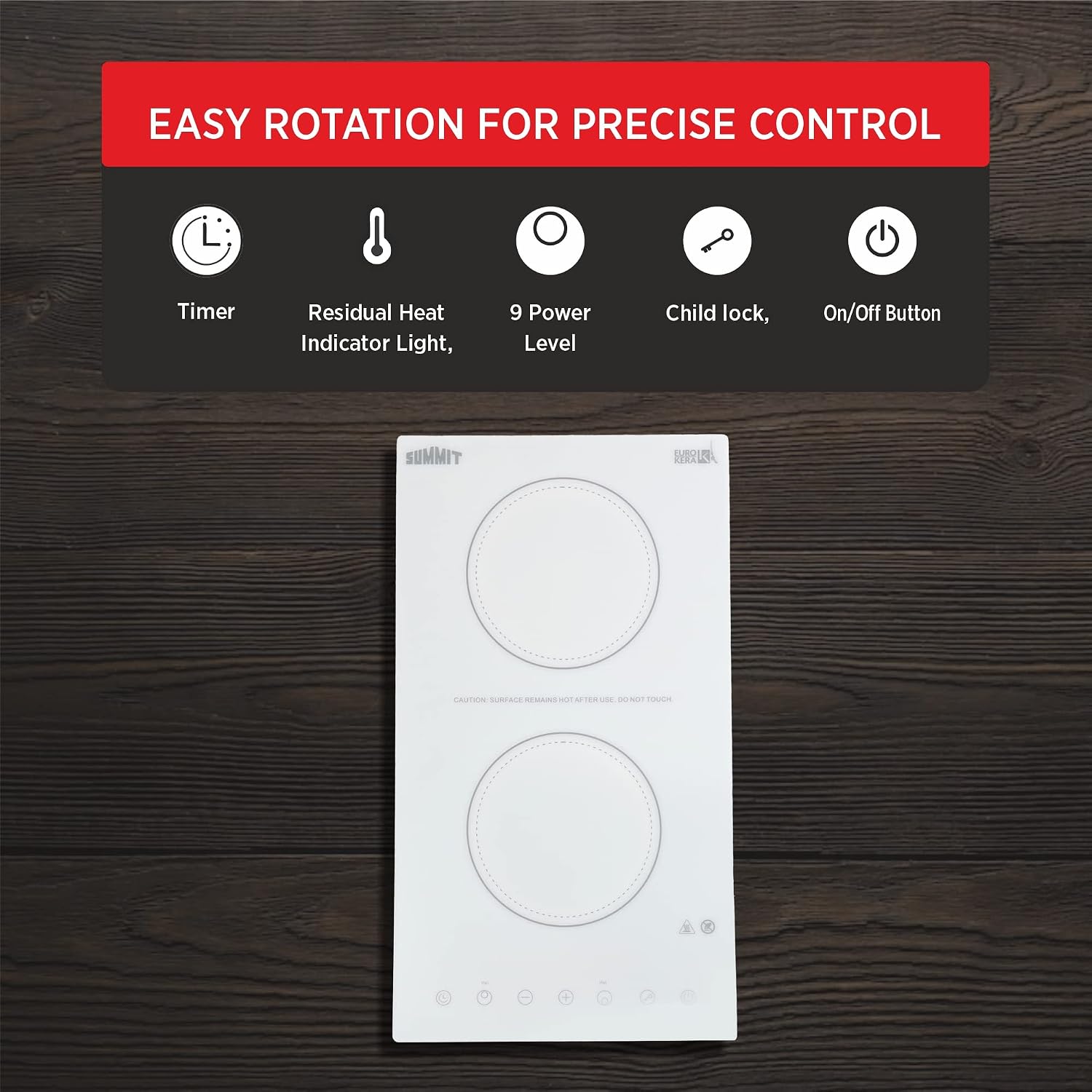 Summit Appliance CR2B15T2WTK15 115V 2-Burner Radiant Cooktop in White Ceramic Glass Surface with Digital Touch Controls & Stainless Steel Frame to Allow Installation in 15' Wide Counter Cutouts