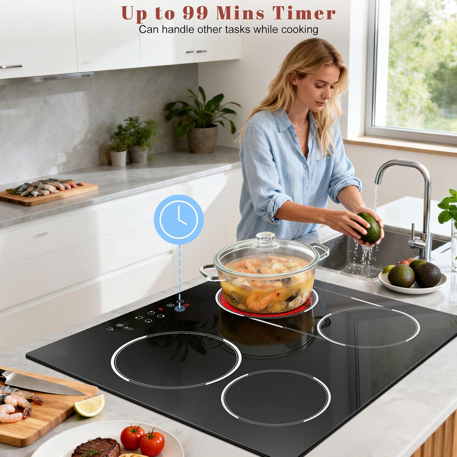 24 Inch Electric Cooktop Built-in, 4 Burner Electric Stove with 6900W Total High Power, 24' Ceramic Cooktop with BBQ Burner, Touch Control, Child Safety Lock, 220V-240V Hard Wire, No Plug