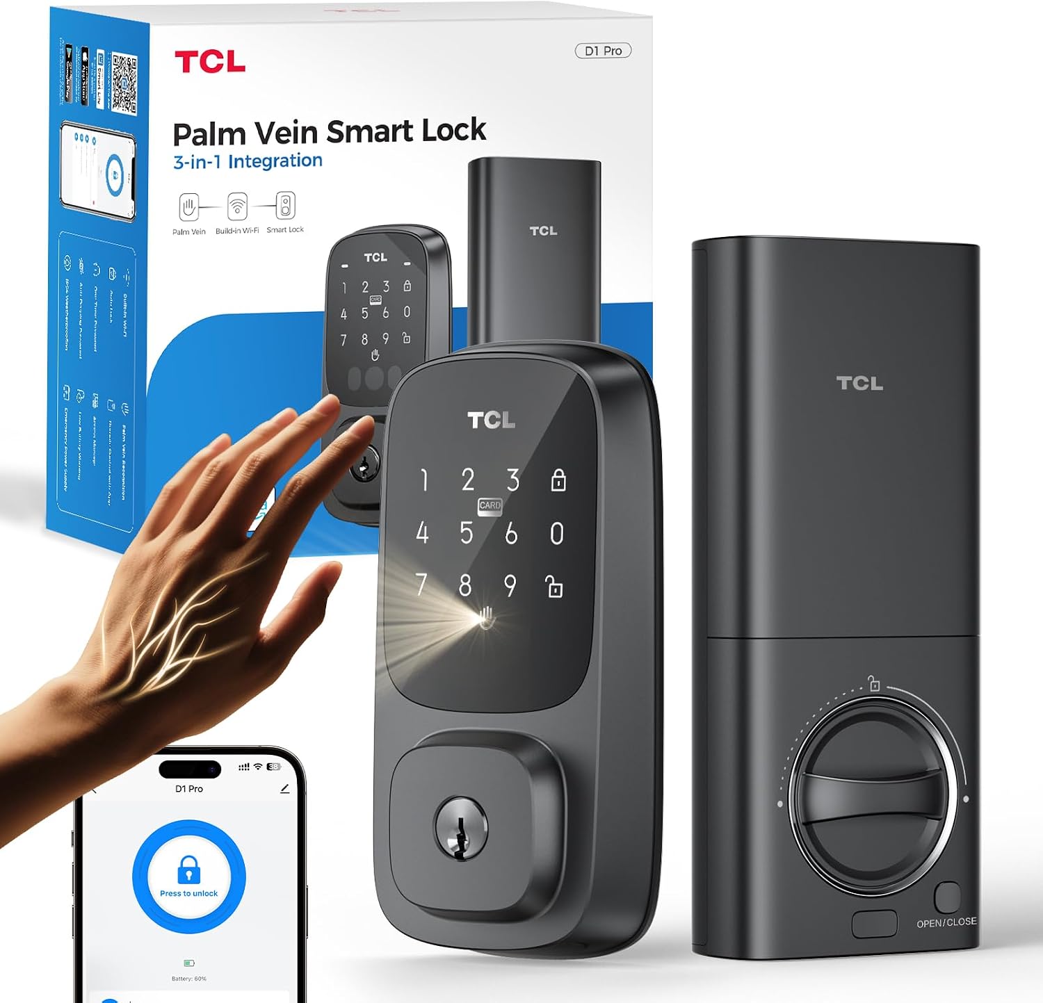 TCL Palm Vein Smart Lock D1 Pro, Keyless Entry Door Lock for Front Door, Wi-Fi Keypad Deadbolt, App Control, Compatible with Alexa & Google Assistant, Rechargeable Battery