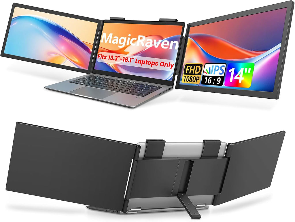 MAGICRAVEN Dual Laptop Screen Extender, 14' 1080P Portable Monitor, Type-C (No HDMI) Plug and Play for 13.3' - 16.1' Laptops, 270° Rotation Attachment Display for Windows/MacOS/Chrome Laptop Phone