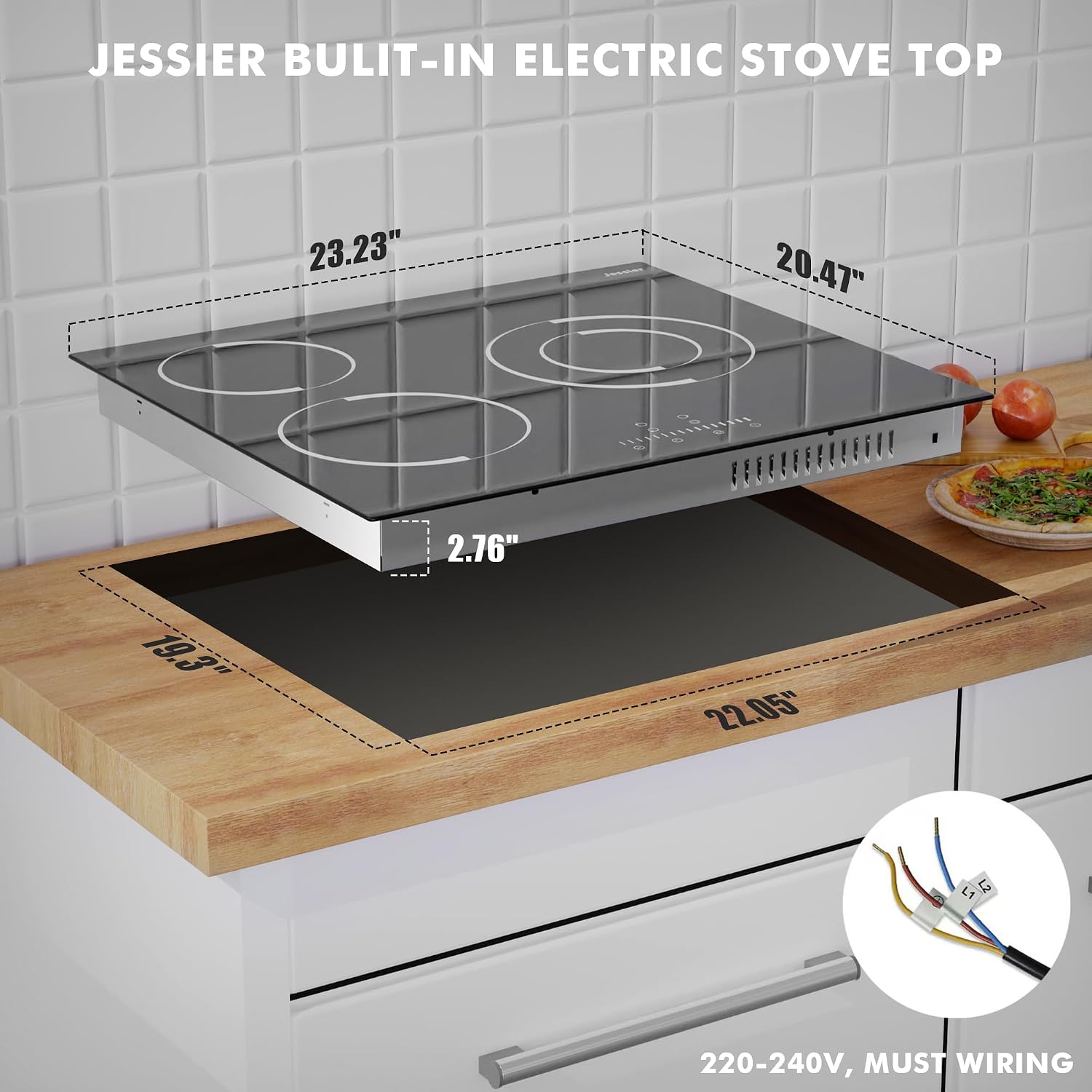 Electric Cooktop 24 Inch - 3 Burner Bulit-in Electric Ceramic Cooktop, Radiant Ceramic Stovetop with 9 Heating Level, Timer, Safety Lock, 5200W 220-240V Hard Wire Sensor Touch Control(No Plug)