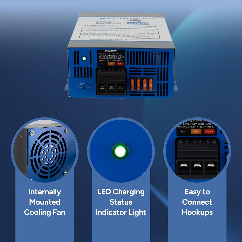 RecPro RV Converter 125 Amp | RV Power Converter & Battery Charger | 4 Stage Smart Charging | 120VAC to 12VDC | 13V to 16.5V Operating Range