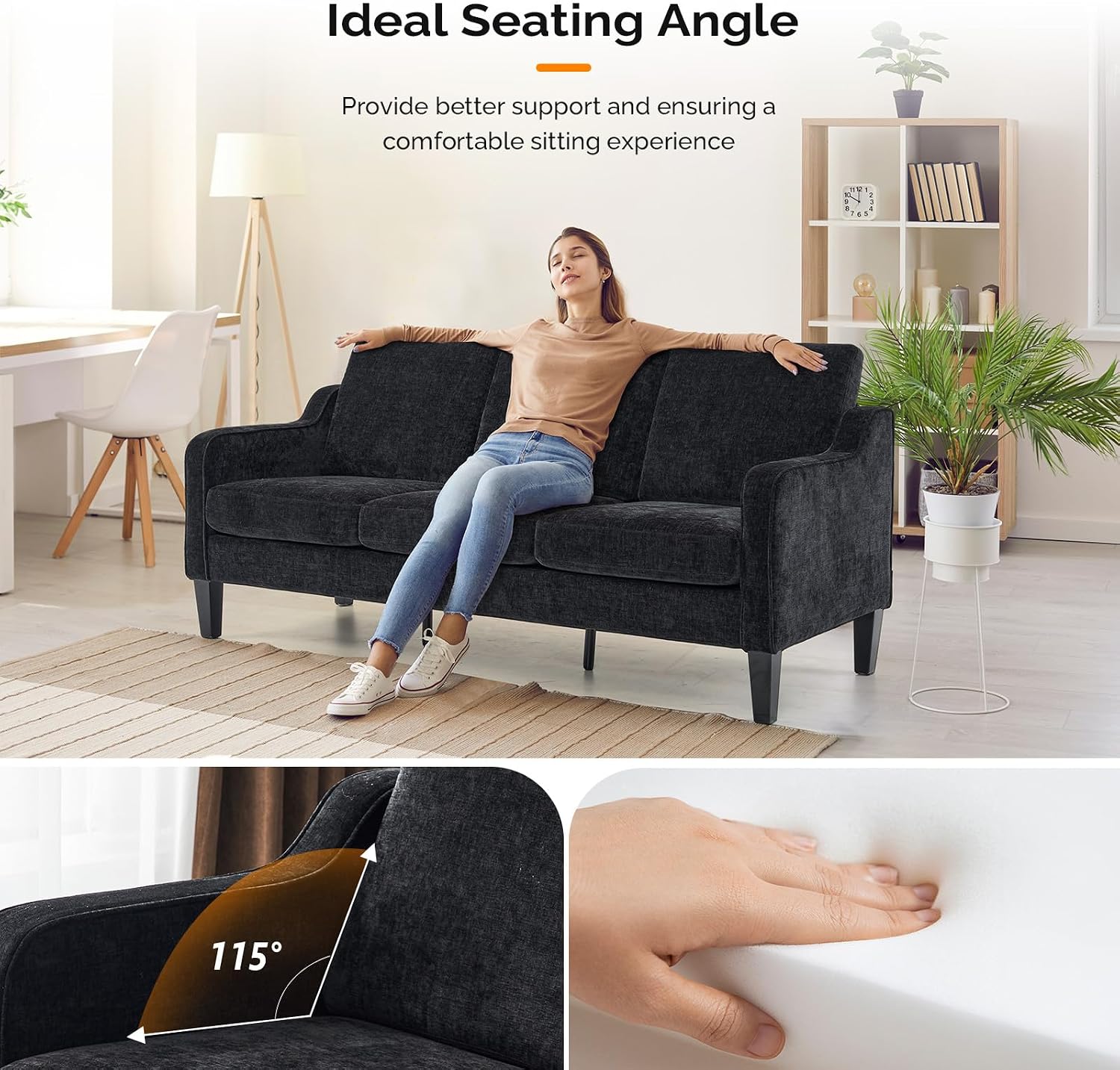 VINGLI Black Couches for Living Room, 71' Small Couch Comfy 3 Seater Upholstered Chenille Sofa Mid-Century Modern Floor Sofas for Small Spaces, Bedroom, Apartment, Lounge, Office