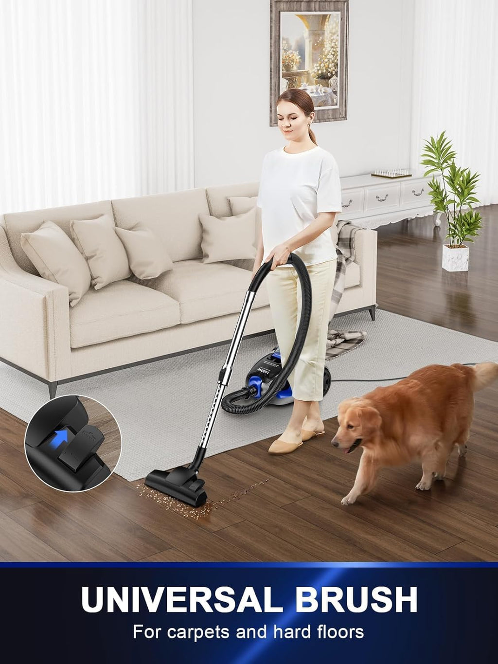 Canister Vacuum Cleaner, 40Kpa 1600W Cyclon Power Bagless Canister Vacuum Cleaners for Home, 3.7QT Large Dust Cup, Lightweight Vac for Hard Floors, Carpets, Pet Hair, Blue