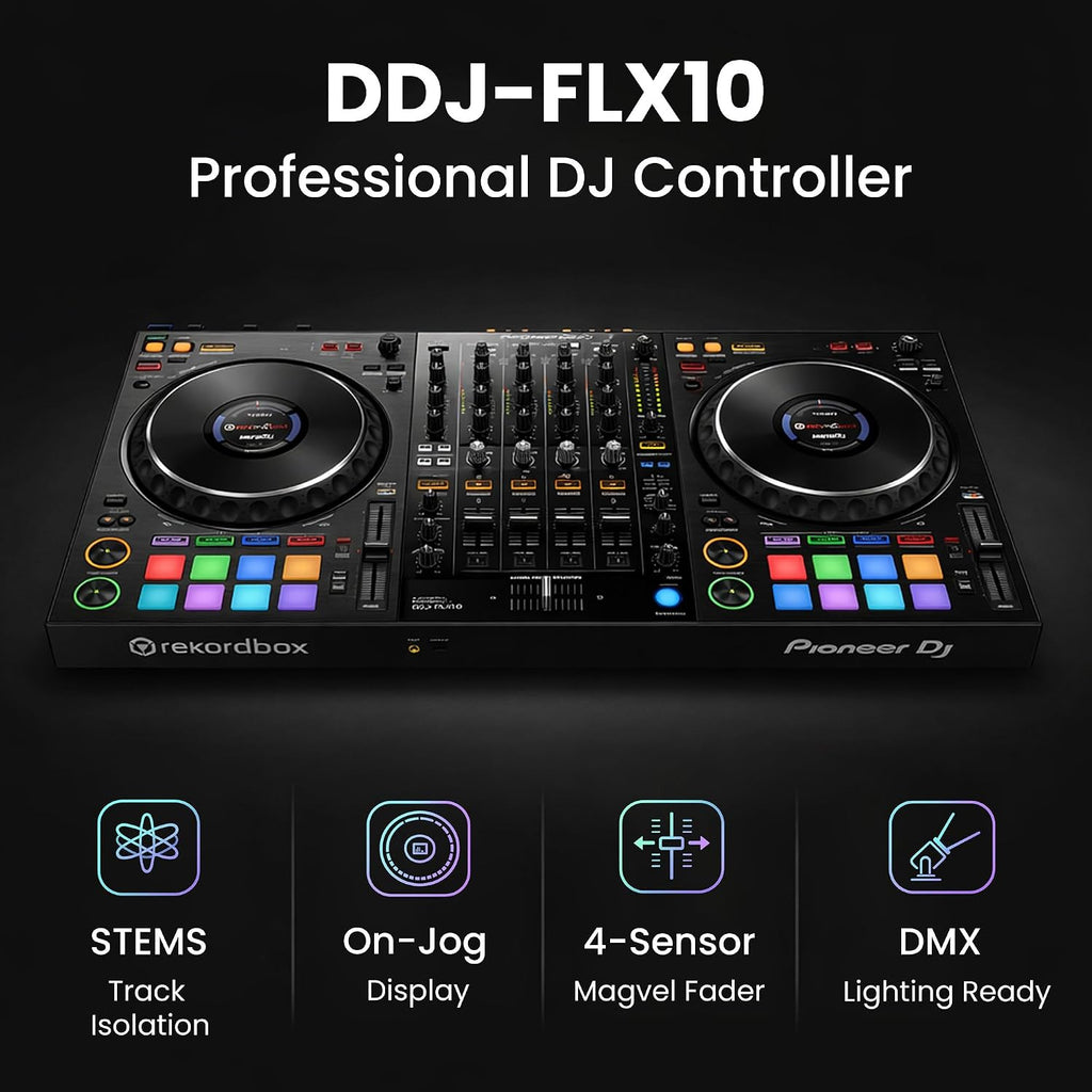 Pioneer DJ DDJ-FLX10 4-Channel Professional DJ Controller - Black Bundle with Gearlux Headphones, DMX Cable, and Austin Bazaar Polishing Cloth