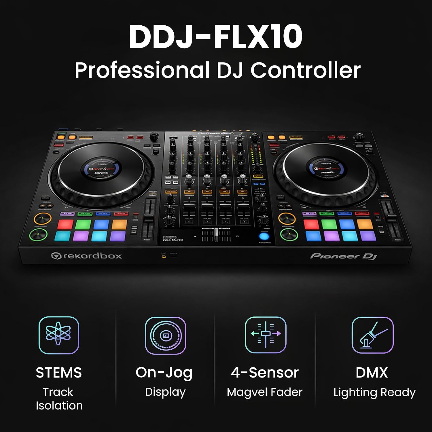 Pioneer DJ DDJ-FLX10 4-Channel Professional DJ Controller - Black Bundle with Gearlux Headphones, DMX Cable, and Austin Bazaar Polishing Cloth