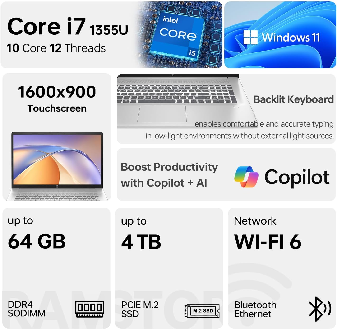 HP 17 Laptop, 17.3' HD+ Touchscreen, Intel Core i7-1255U Processor, 64GB RAM, 2TB SSD, Webcam, HDMI, Backlit Keyboard, Wi-Fi, Windows 11 Home, Silver