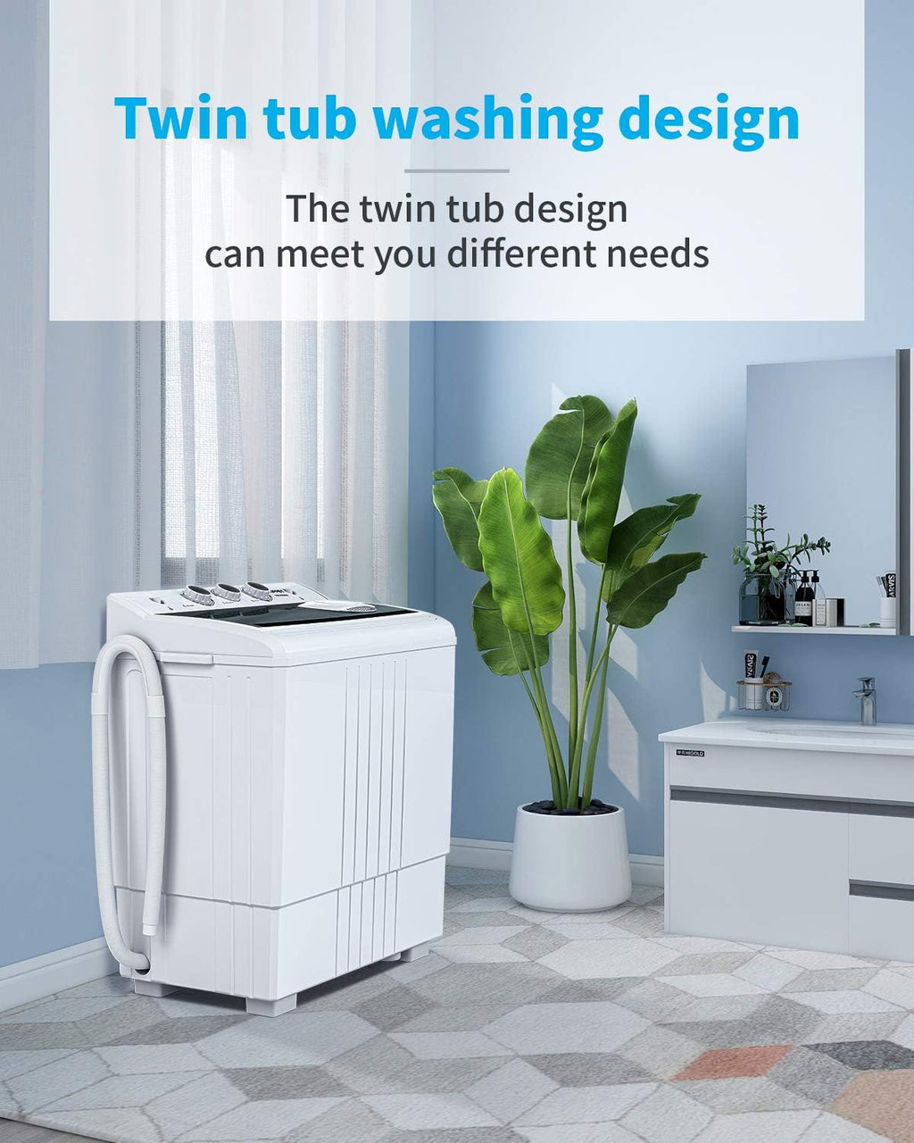 Compact Twin Tub Portable Mini Washing Machine 21lbs Capacity,Washer(14.4lbs) and Spiner(6.6lbs)/Built-in Drain Pump/Semi-Automatic,Black and White,24.8 inch x 15 inch x 28.5 inch