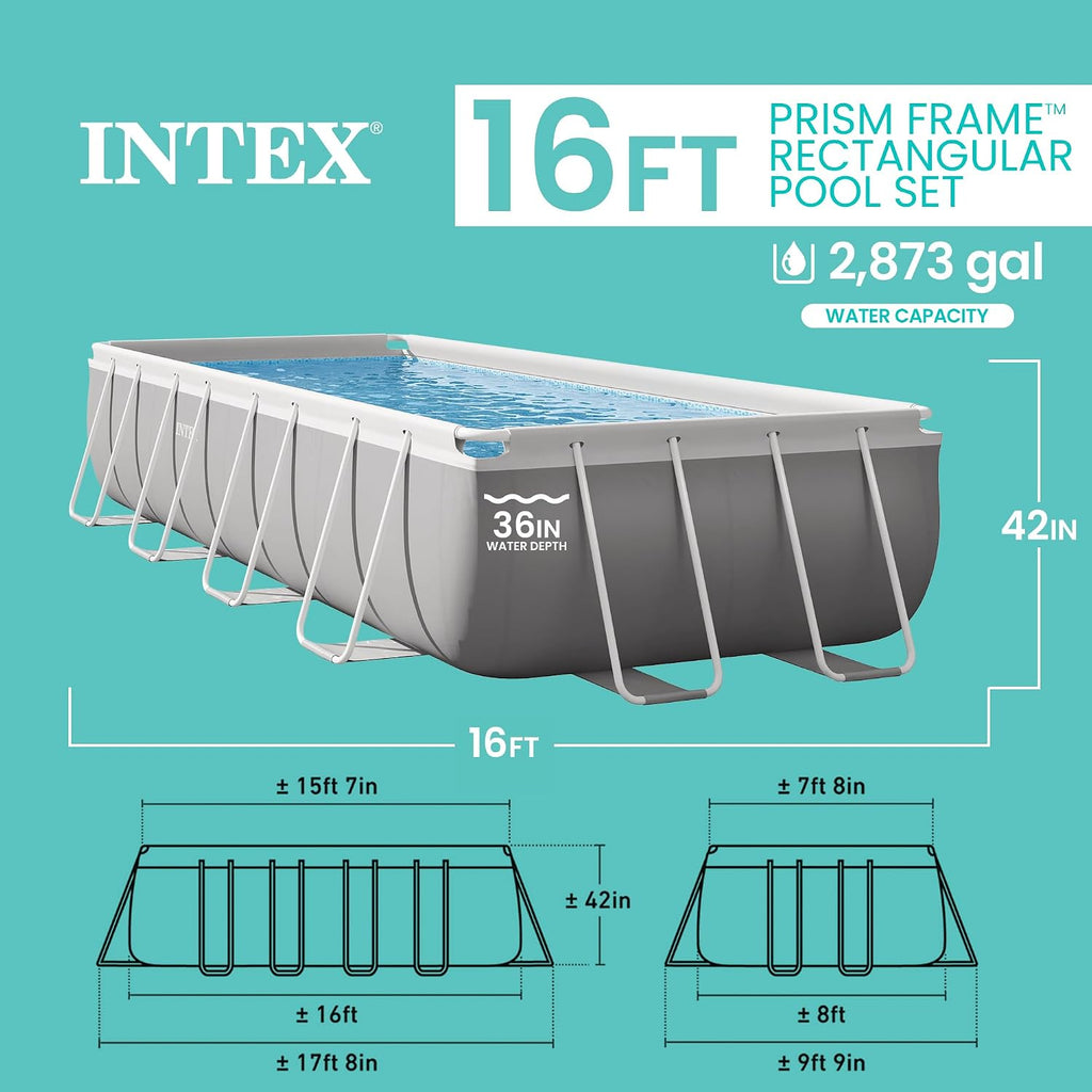 Intex 16ft x 3.5ft Above Ground Rectangular Frame Swimming Pool Set & Skimmer