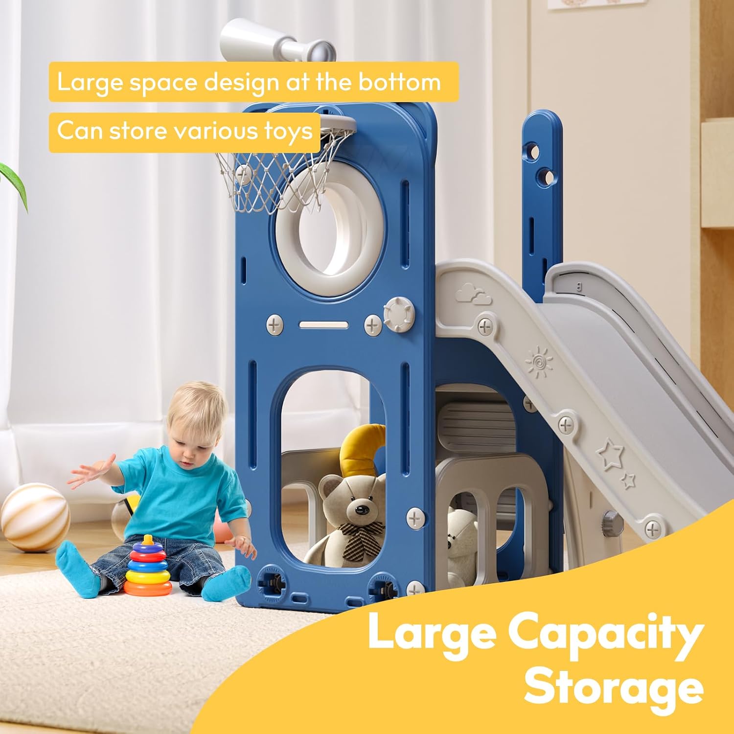 6 in 1 Toddler Playset with Slide,Toddler Slide,Slide for Kids with Basketball Hoop,Ball,Ring Toss,Kids Slide Toddler Playground Toddler Slide Indoor Outdoor Toys