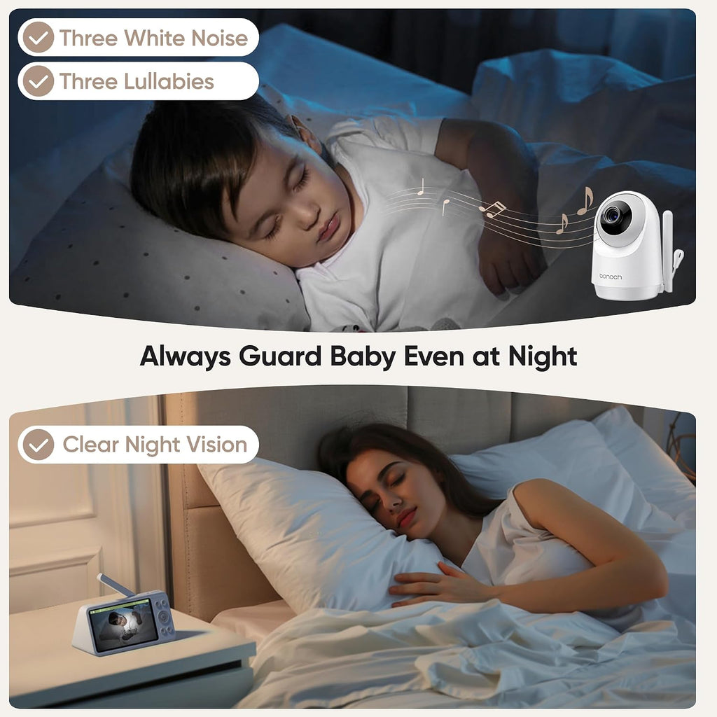 bonoch 2K 5.5' Baby Monitor No WiFi, 1600ft Long Range Video Baby Monitor with Camera and Audio, 240h Battery, White Noise, Hack-Proof, Night Vision, Smart Detect for Cry/Sleep Turnover/Motion