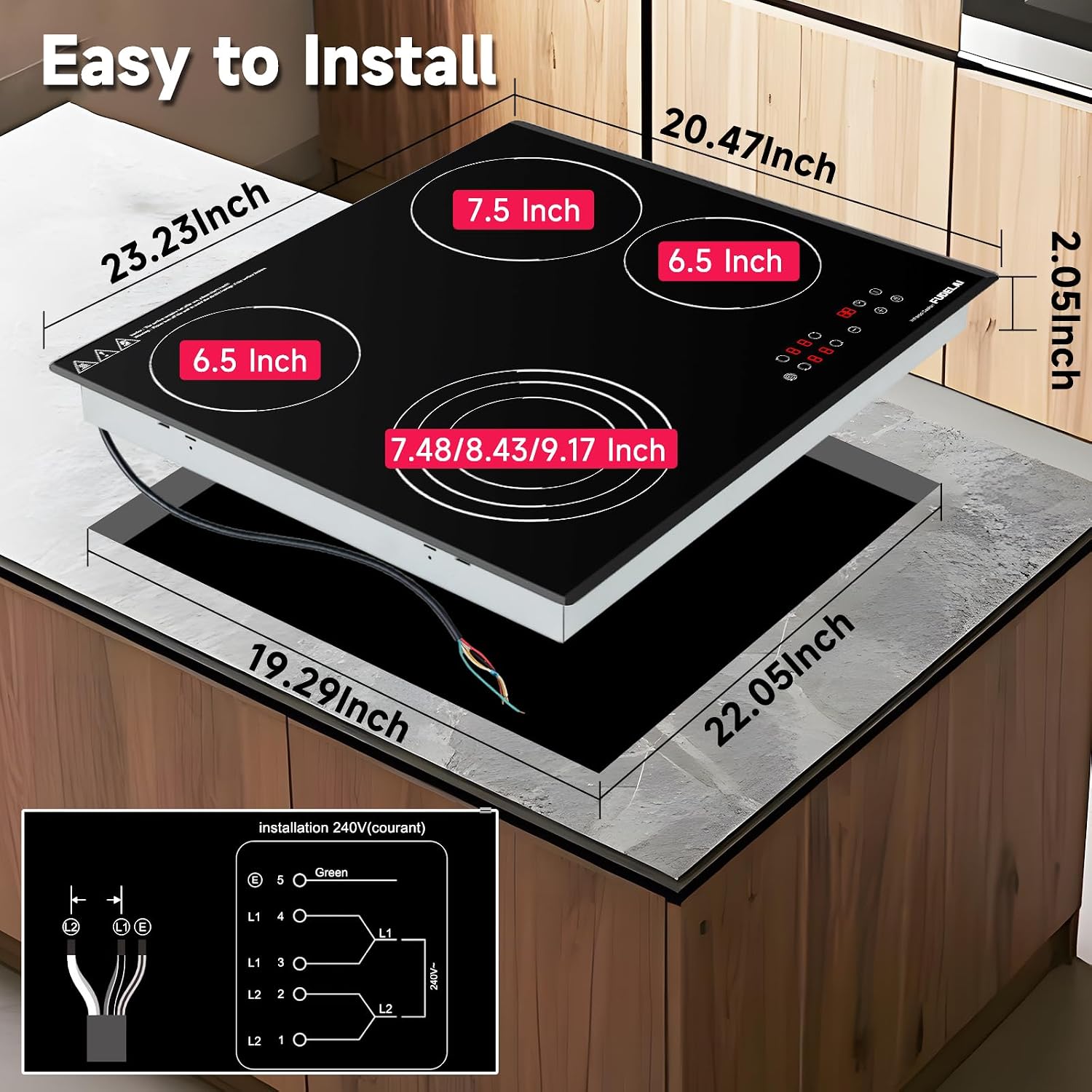 24 Inch Electric Cooktop 4 Burners,6500W 24' Electric Ceramic Cooktop with Child Lock & Auto Safety, Built-in/Countertop Infrared Cooker, 9 Power Levels, Easy-Clean Glass (No Plug)