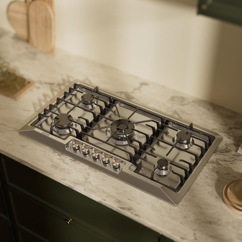 Empava 36 Inch Gas Stove Cooktop 5 Italy Sabaf Sealed Burners NG/LPG Convertible in Stainless Steel