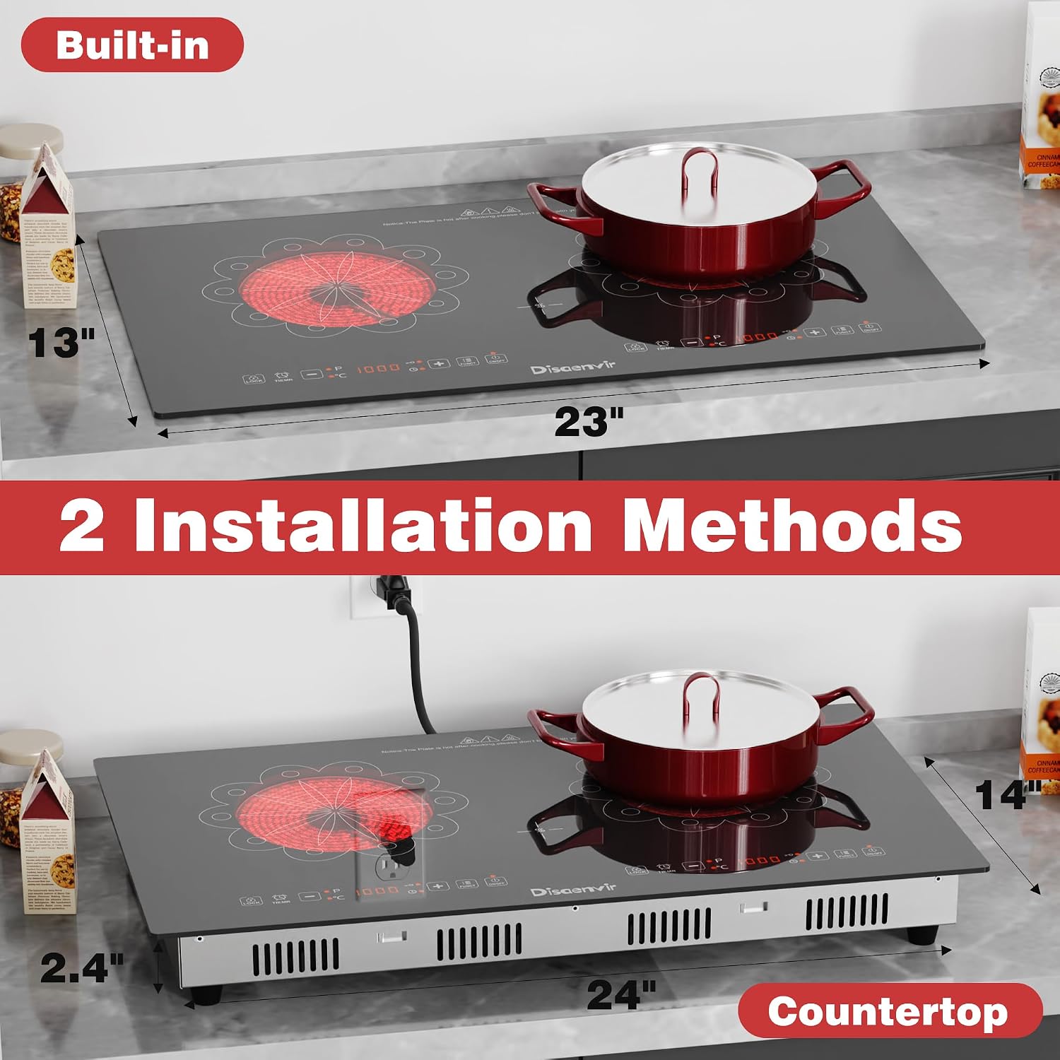 2 Burner Electric Cooktop - 24 Inch Electric Stove Built-in(23'x13') and Countertop(24'x14'), Two Burner Ceramic Cook Top with Child Lock, Timer, Sensor Touch Control, 110V Plug in