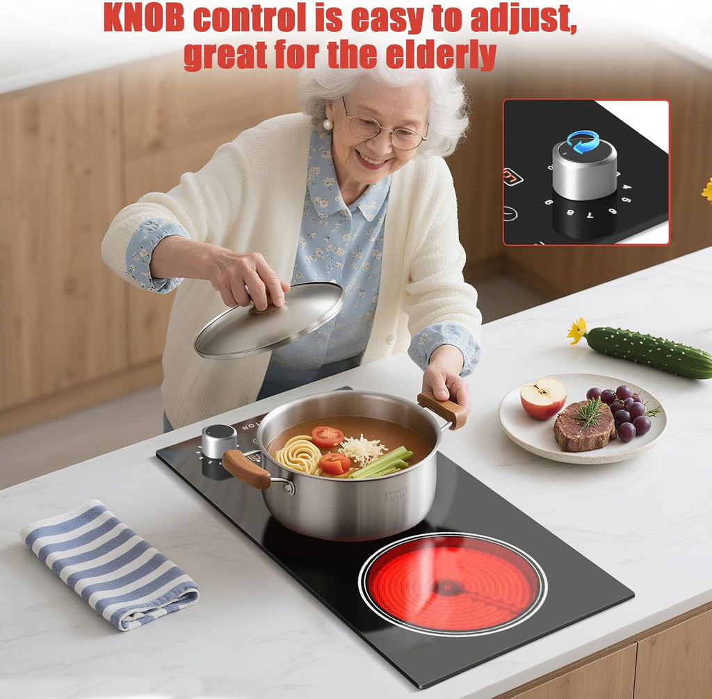 Noxton 2 Burners Electric Cooktop, 12 Inch 110V Radiant Ceramic Stove with Knob & Touch Control, 2000W Built-in or Countertop Electric Hot Plate, Timer, Child Lock, Residual Heat Indicator(SY)