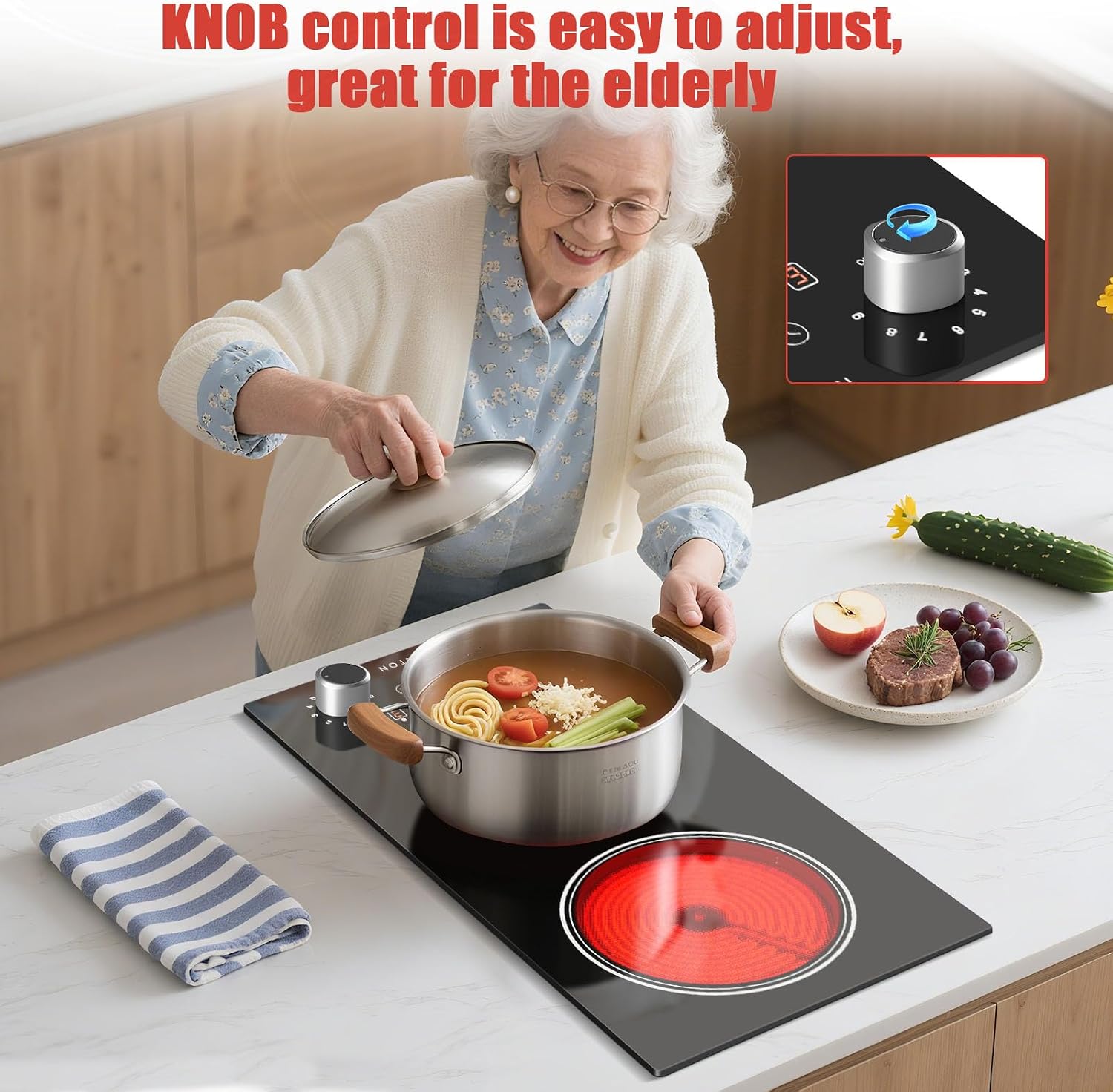 Noxton 2 Burners Electric Cooktop, 12 Inch 110V Radiant Ceramic Stove with Knob & Touch Control, 2000W Built-in or Countertop Electric Hot Plate, Timer, Child Lock, Residual Heat Indicator(SY)