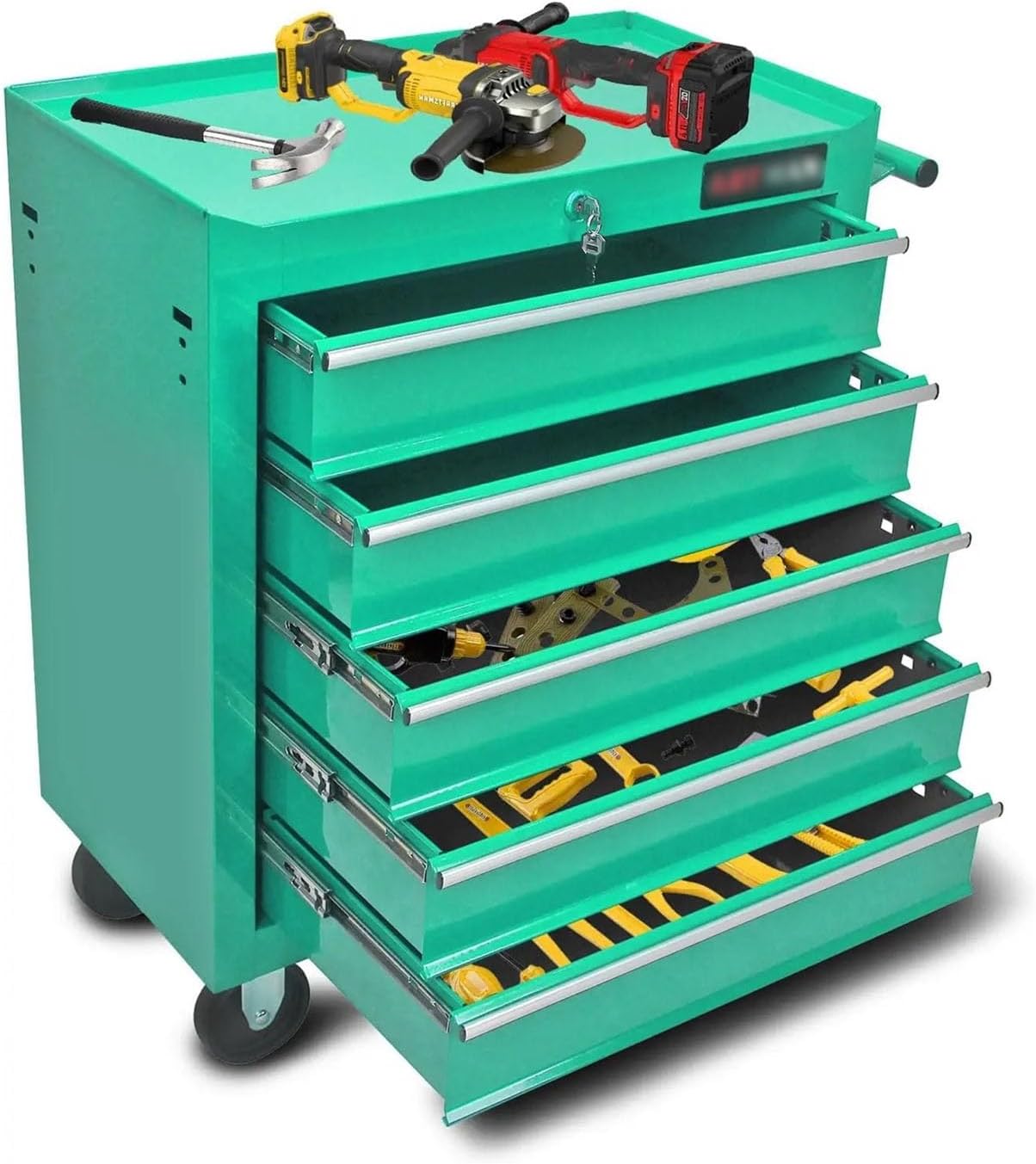 Multifunctional 5-Drawers Tool Cabinets On Wheels, Rolling Tool Chest with Drawers, Tool Box with Keyed Locking System, Workshop for Garage(Green)