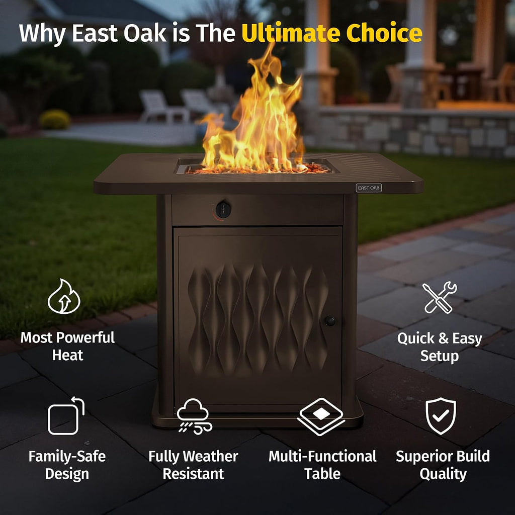 East Oak 32' Outdoor Propane Fire Pit Table | 50,000 BTU Gas Fire Pit Table for Outside with Magnetic Lid | Storage Basket & Lava Rocks | CSA Certified for Patio, Garden & Backyard | Brown