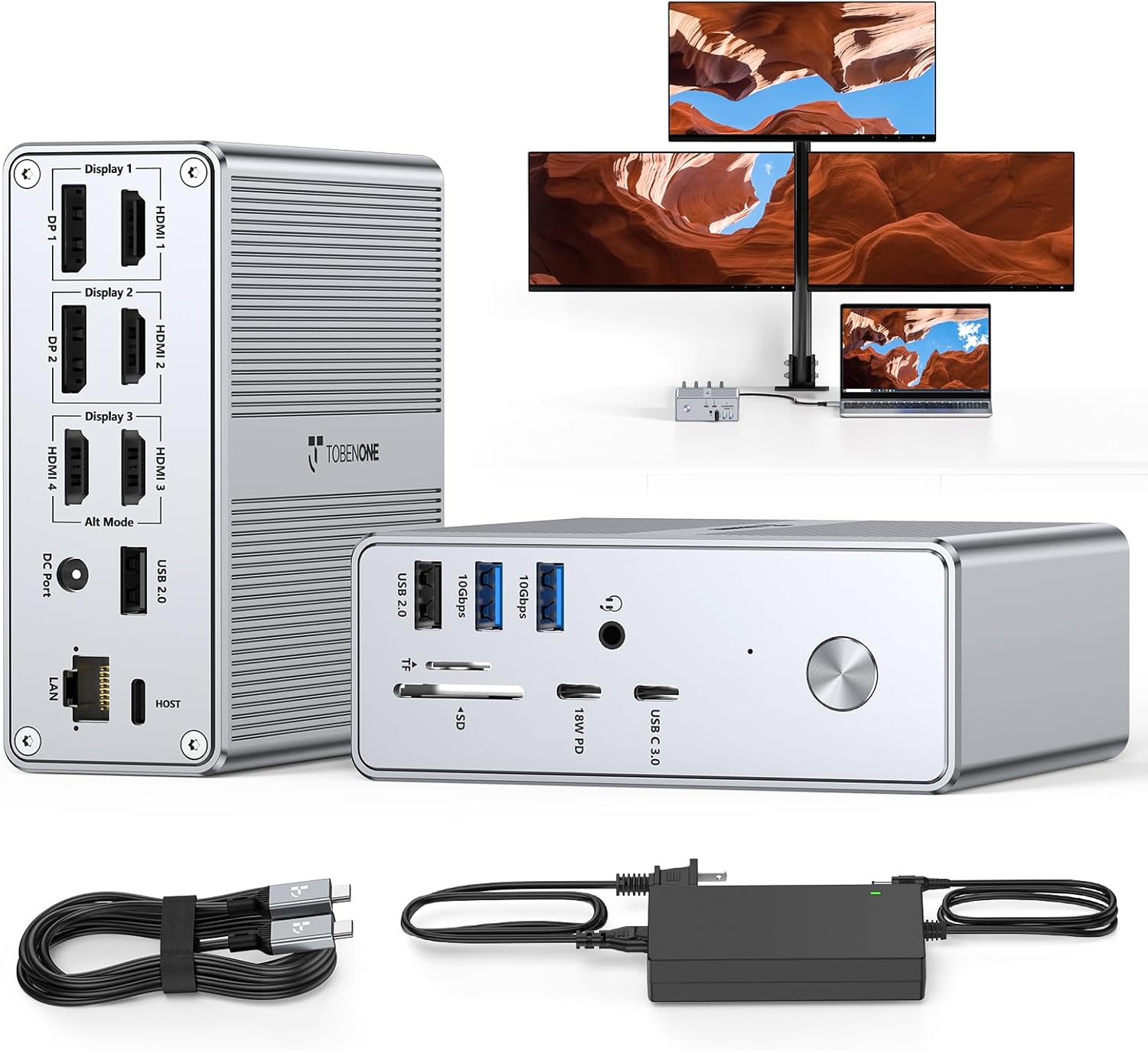 TobenONE 𝗗𝗶𝘀𝗽𝗹𝗮𝘆𝗟𝗶𝗻𝗸 𝗗𝗿𝗶𝘃𝗲𝗿 𝗥𝗲𝗾𝘂𝗶𝗿𝗲𝗱 Docking Station, Supports 3 Monitors, 10Gbps USB, 120W Power Supply, 18W Charging for Phone, Gigabit Ethernet, Audio,Compatible with macOS